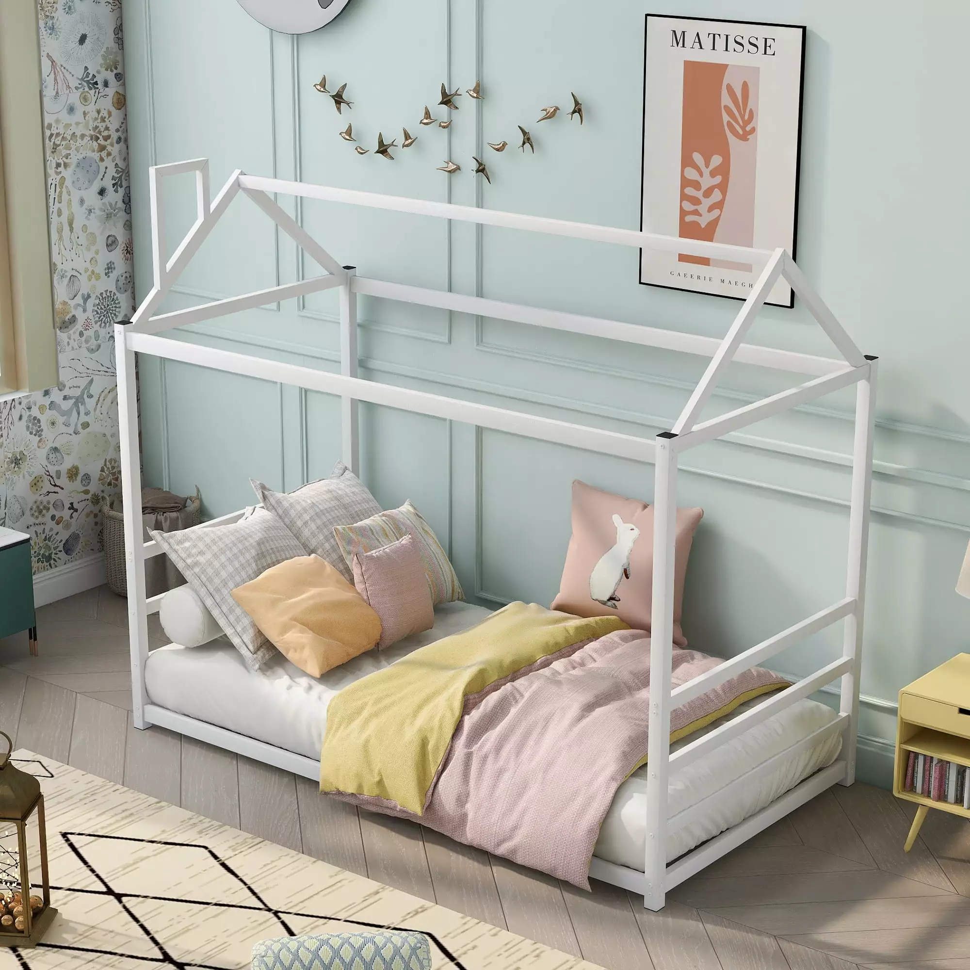 Euroco Metal Twin Size Platform Bed Roof and Chimney Design Low Profile Daybed Kids White
