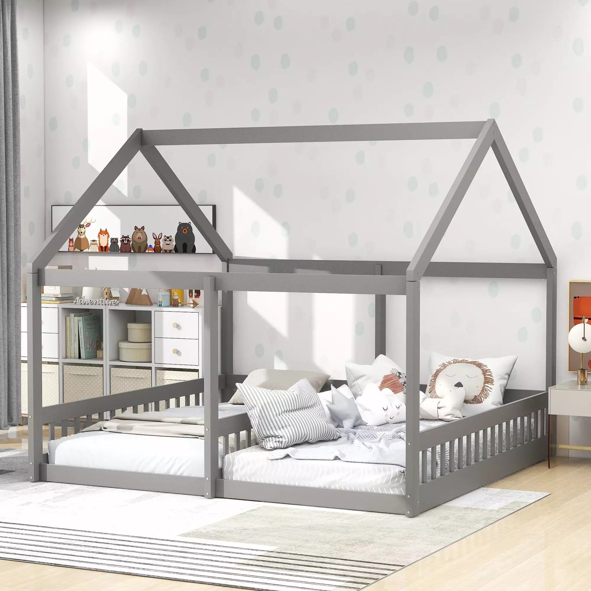 Euroco Modern Wood Two Beds One Canopy Platform Bed - Gray Twin Size