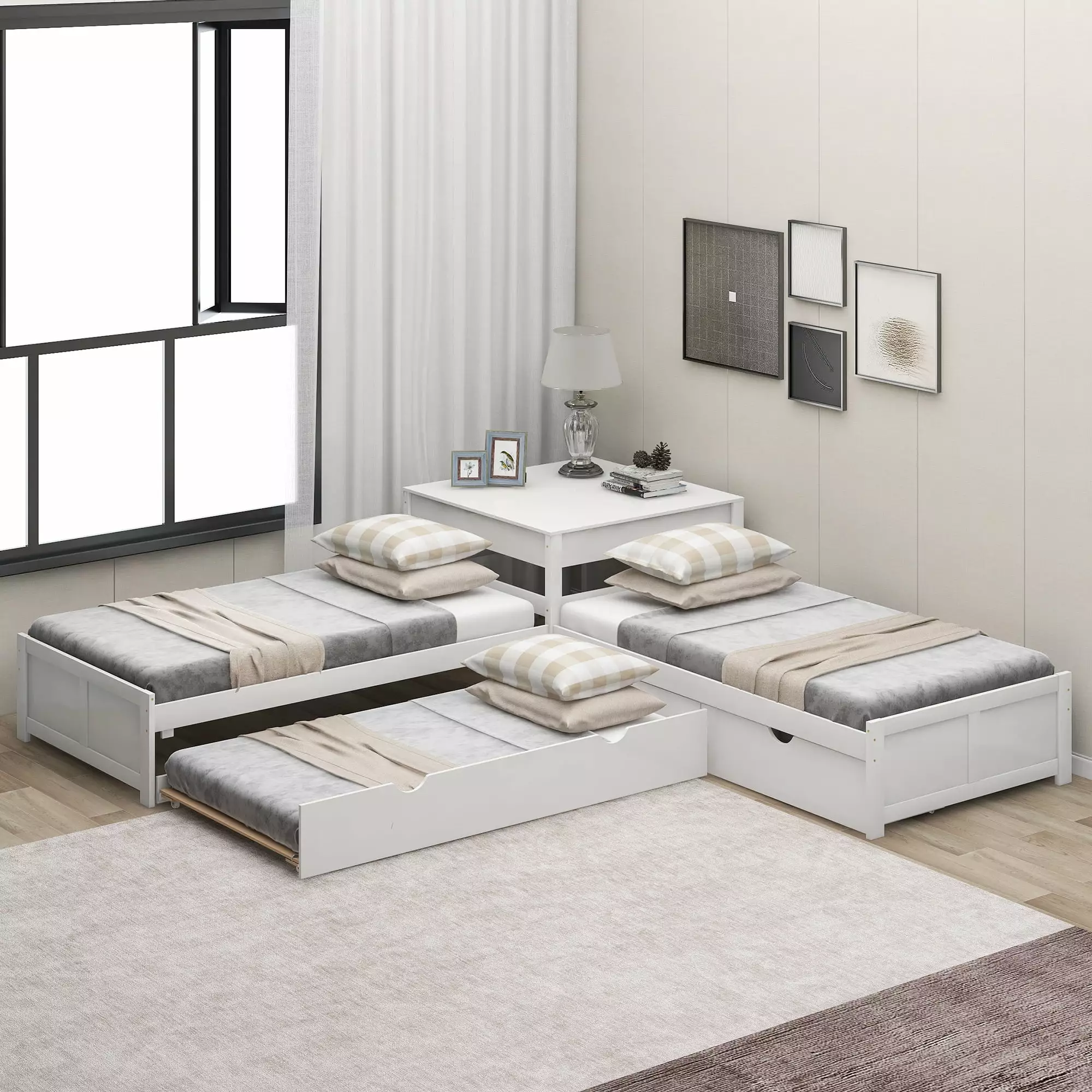 Euroco Pine Wood L-Shaped Twin Platform Bed Trundle - 3 Beds One Drawers and Built- Desk White
