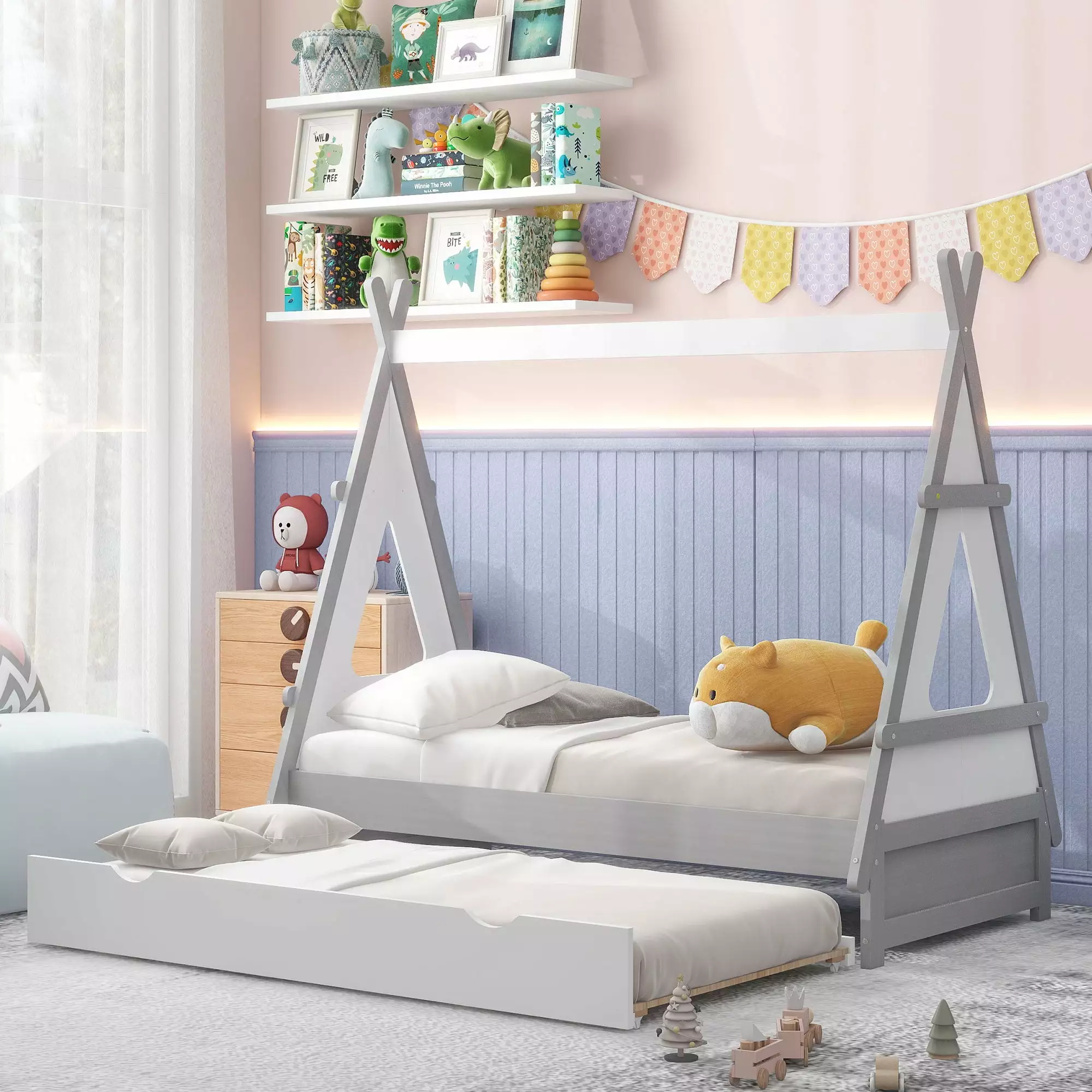 Euroco Pine Wood Twin Size Platform Bed Trundle. X-Shaped Tent Floor Bed. Low Profile Canopy. White