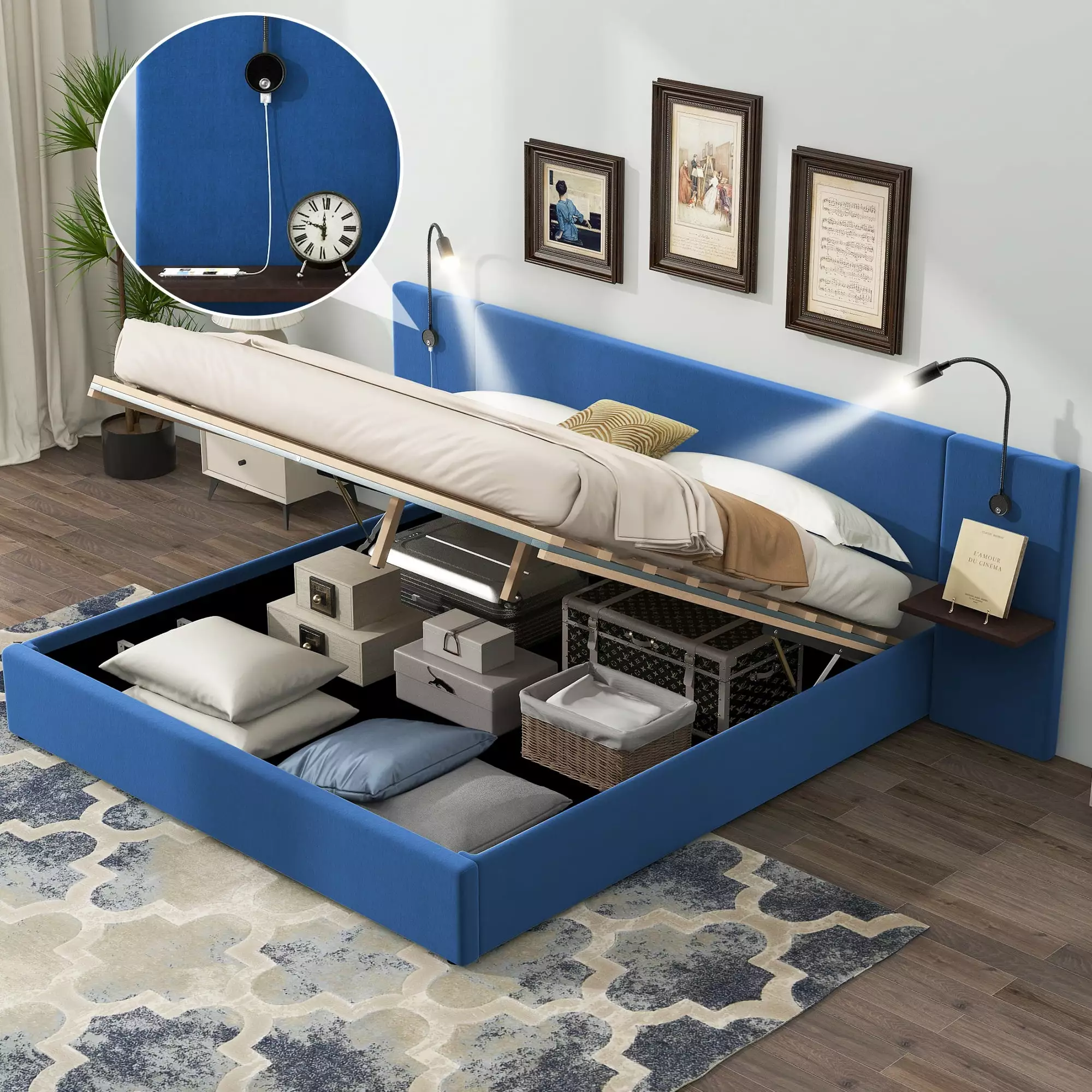 EUROCO Queen Size Hydraulic Platform Bed Night Lights and USB Charging