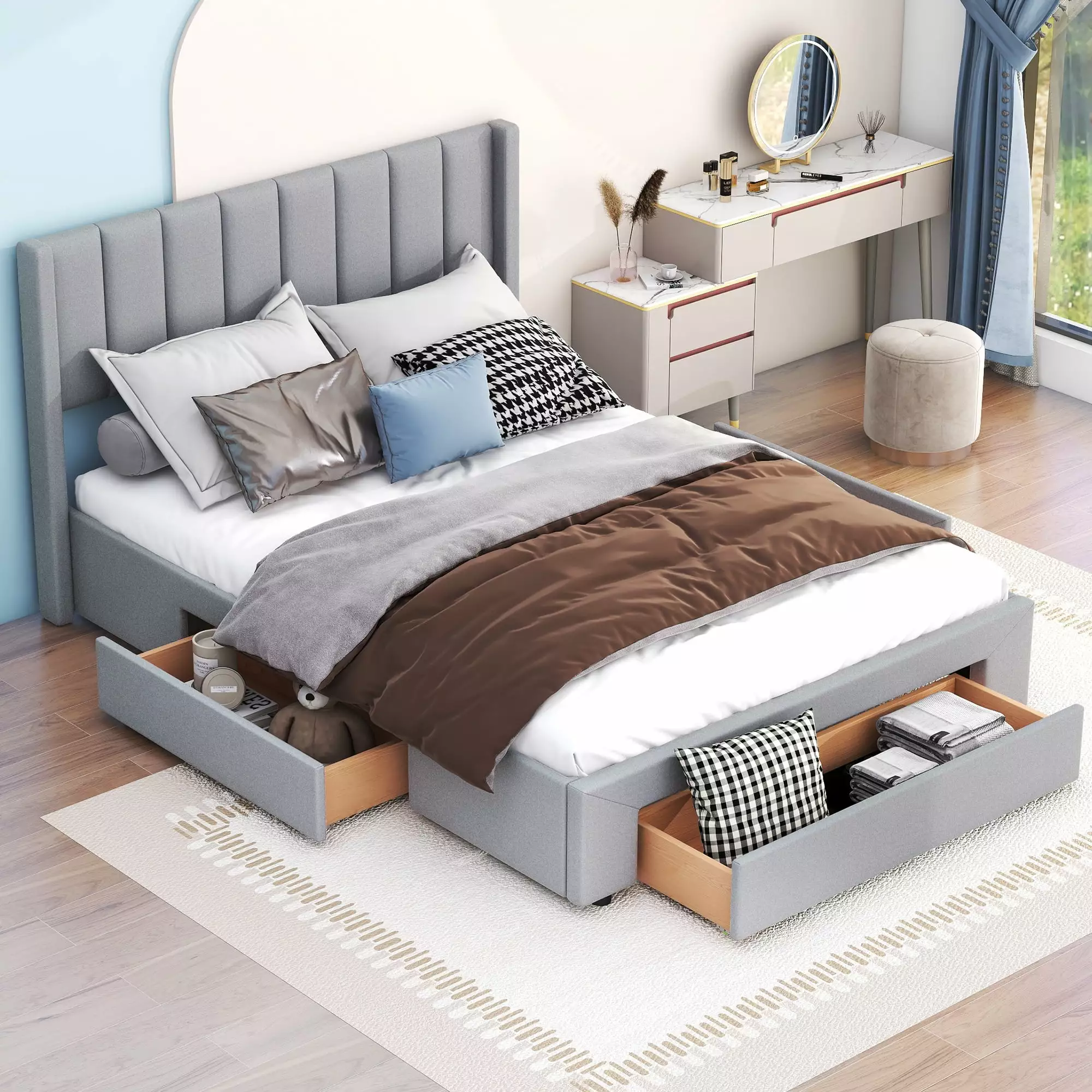 Euroco Queen Size Upholstery Platform Bed 3 Storage Drawers Daybed Gray