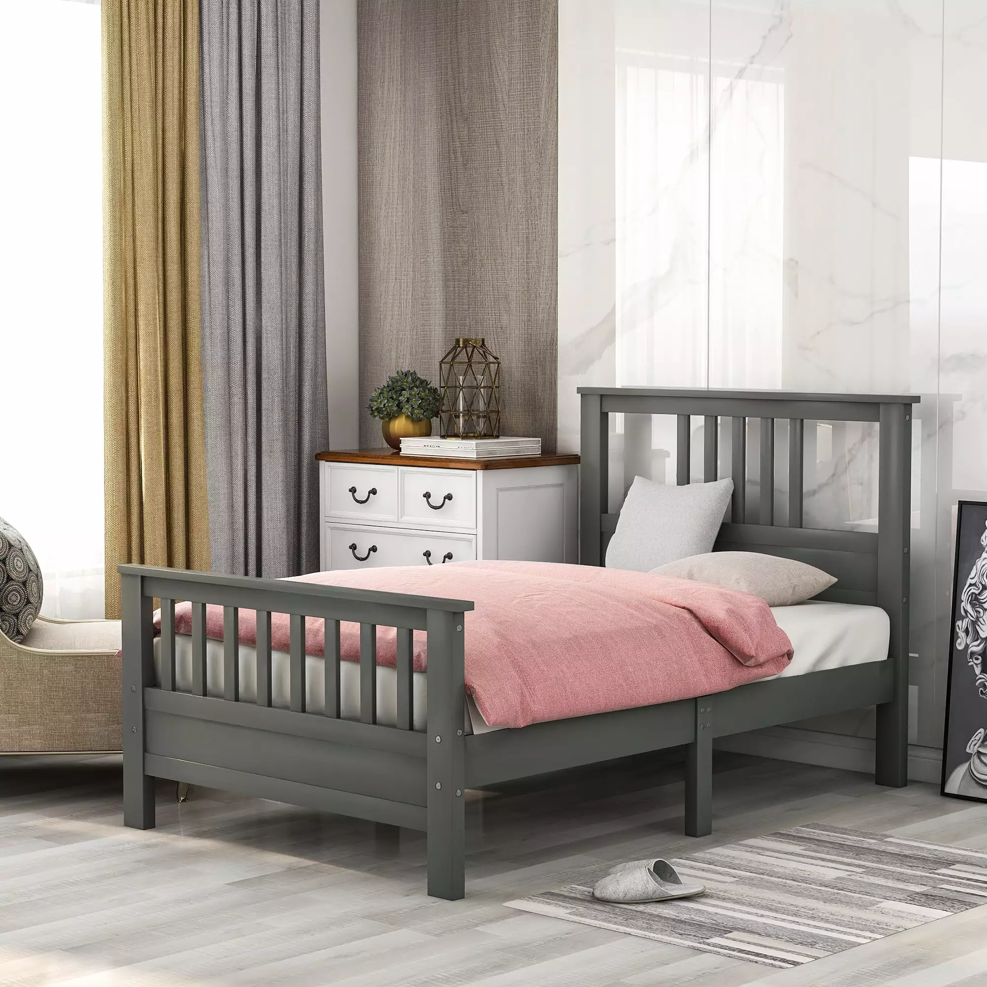Euroco Twin Platform Bed Headboard and Footboard Solid Wood Frame Gray