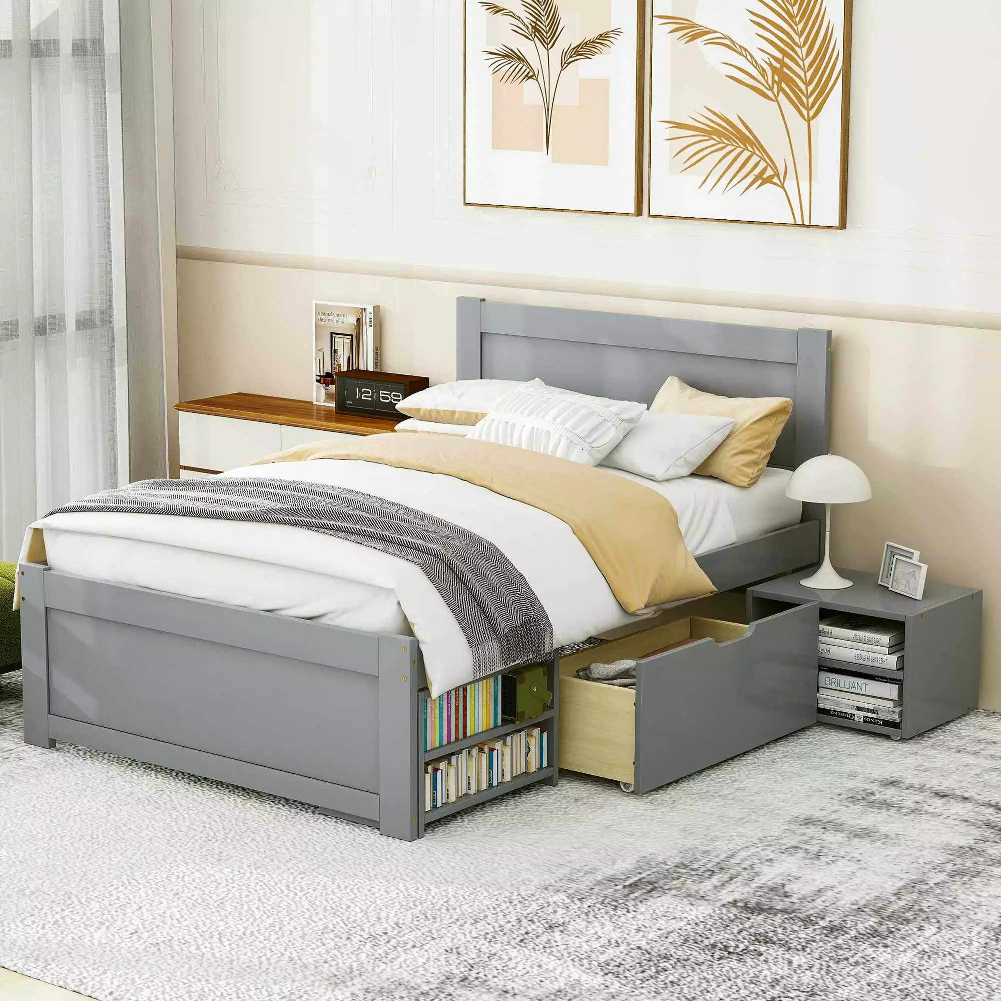 Euroco Twin Size Platform Bed Frame Storage Shelves and Drawer Kids Room Gray