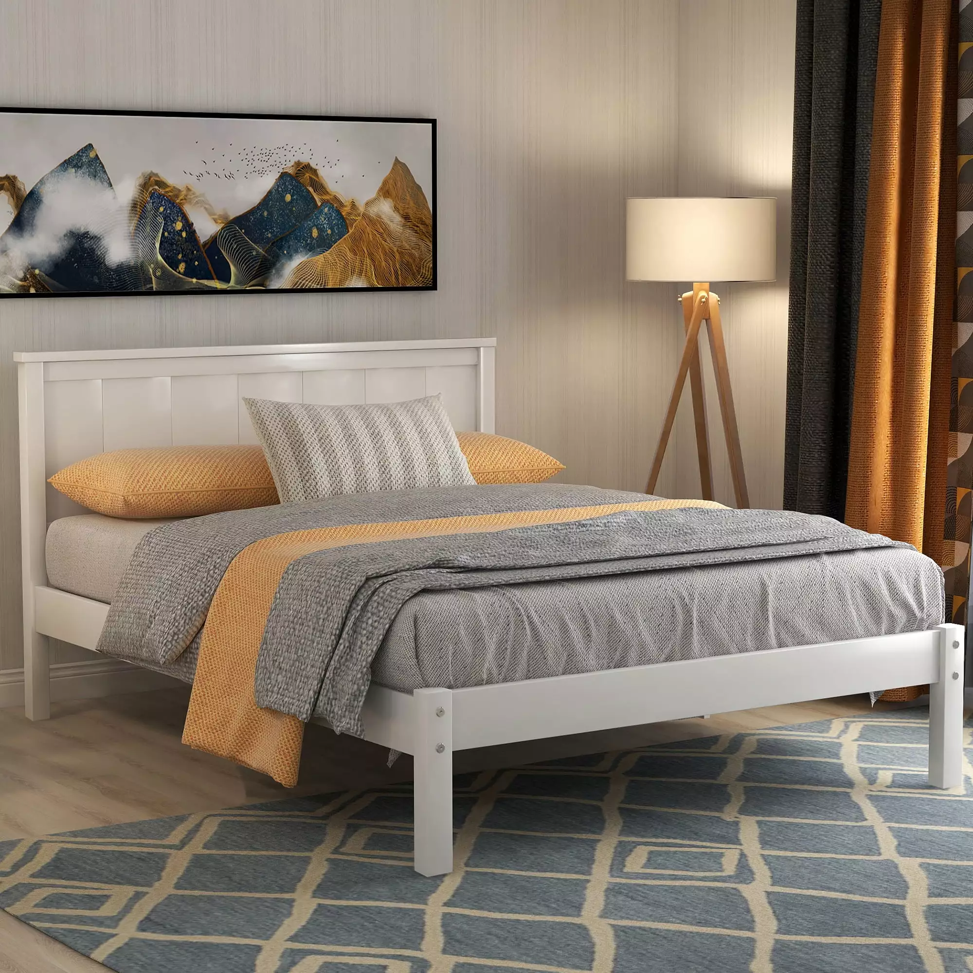 Euroco Twin Size Platform Bed Headboard and Slats - Solid Wood Frame No Box Spring Needed White