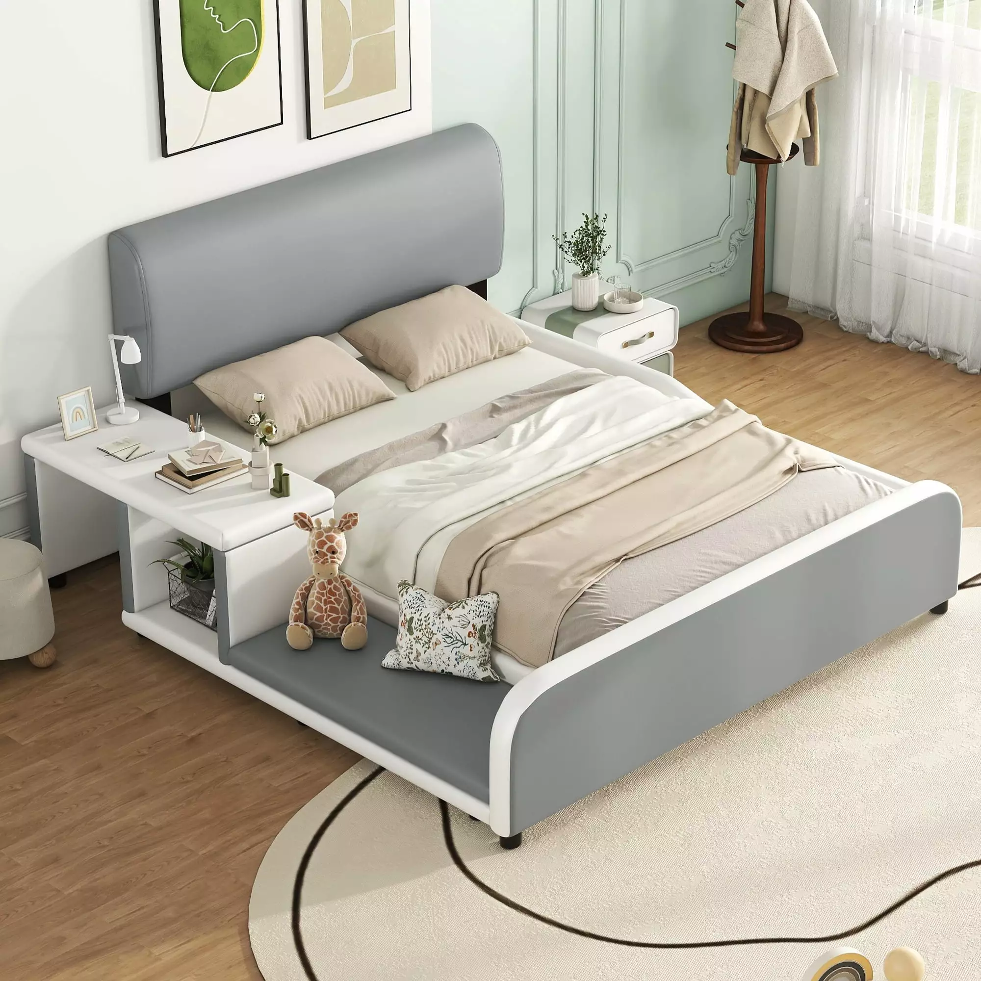 Euroco Upholstery Queen Size Platform Bed Nightstand and Storage Shelf Gray
