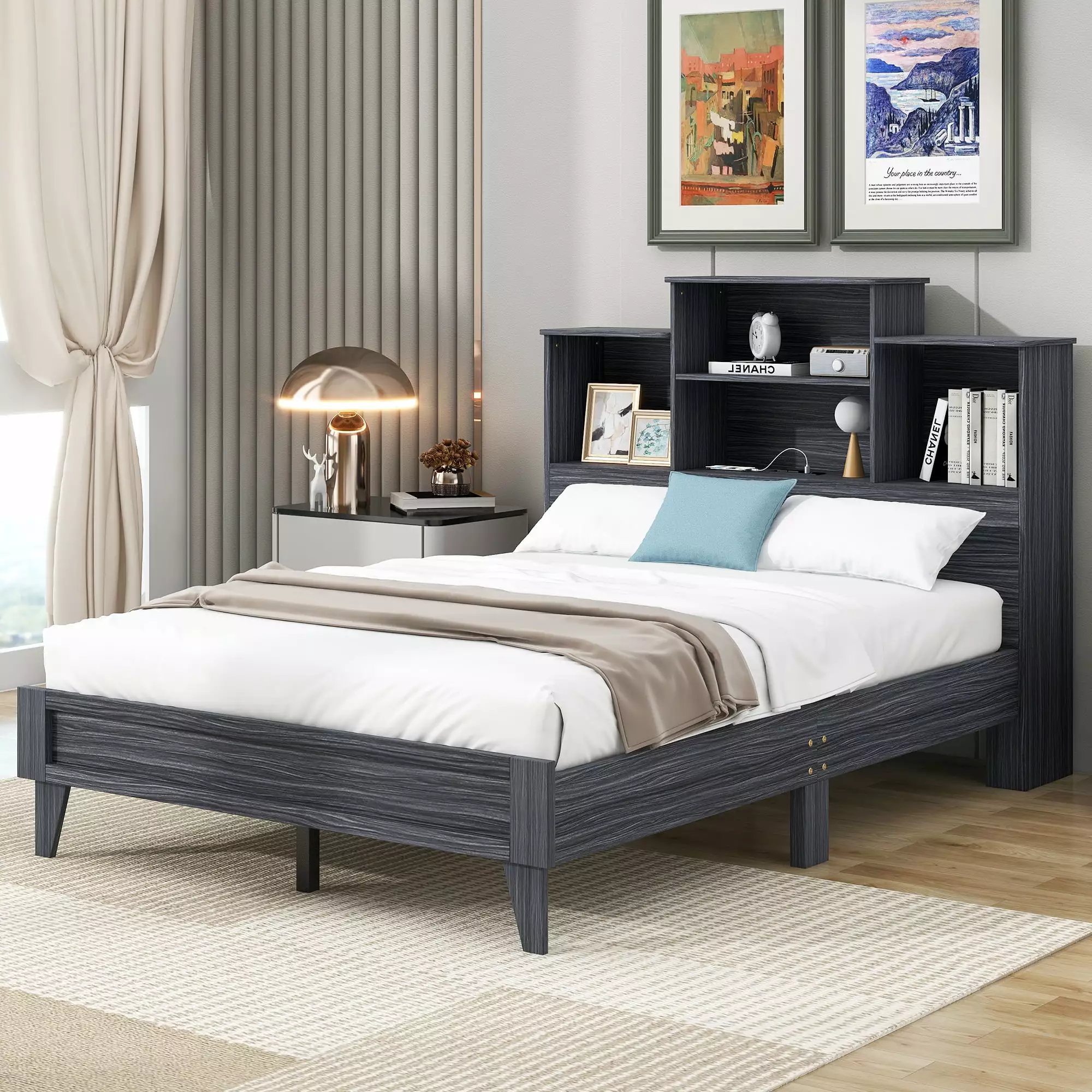 EUROCO Wood Full Platform Bed Storage Headboard and USB Charging