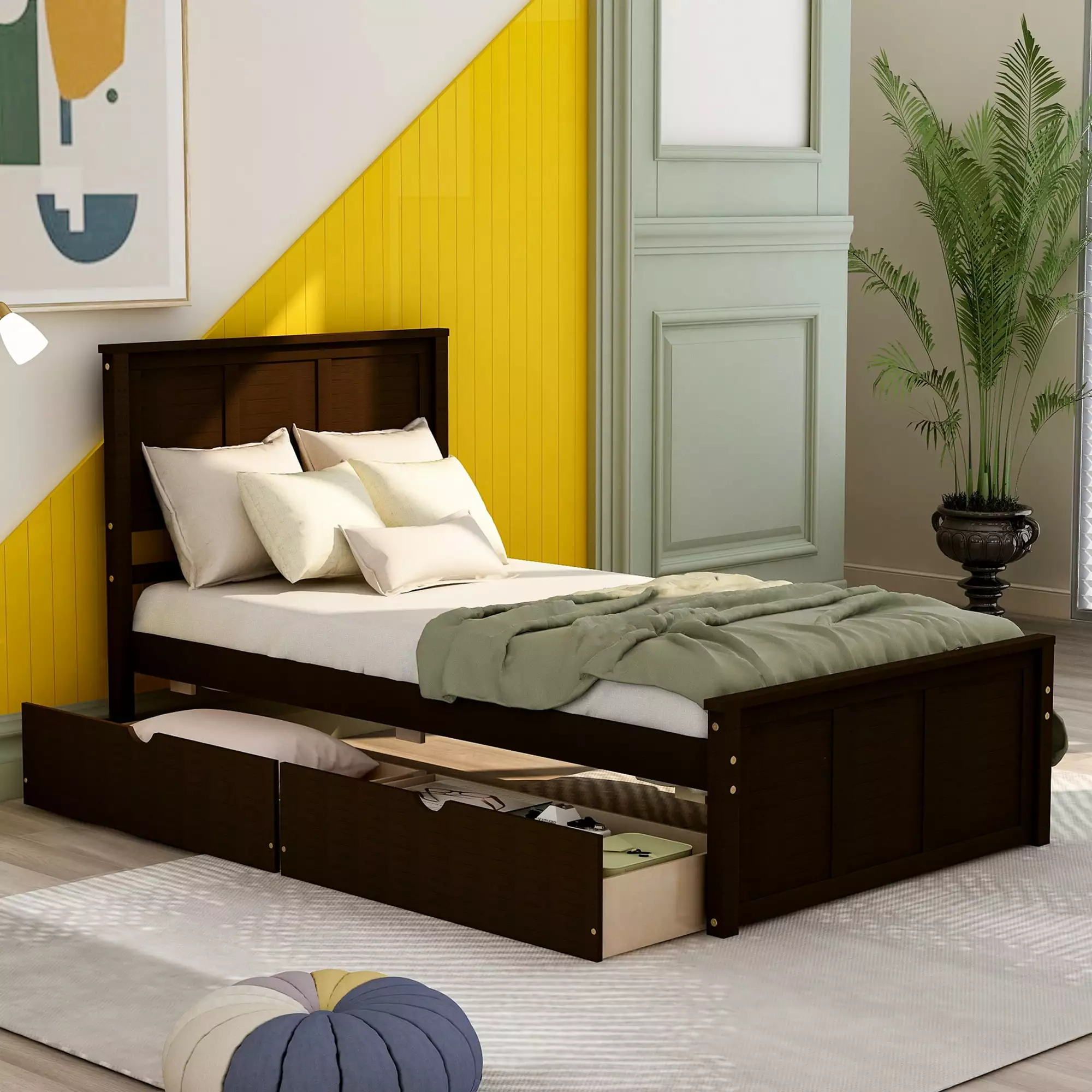Euroco Wood Twin Platform Bed Headboard & 2 Storage Drawers Kids