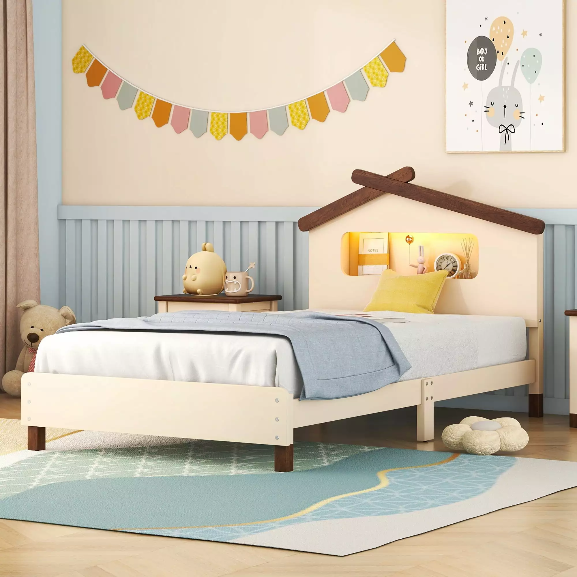 Euroco Wood Twin Size Platform Bed Houtilize Headboard and Motion Activated Night Light - Cream