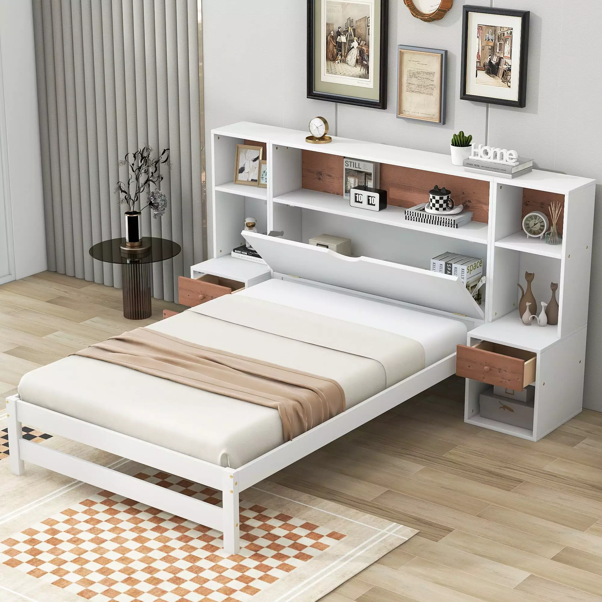 Euroco Wood Twin Size Platform Bed Storage Shelf Cabinet and Drawers Kids Bedroom White