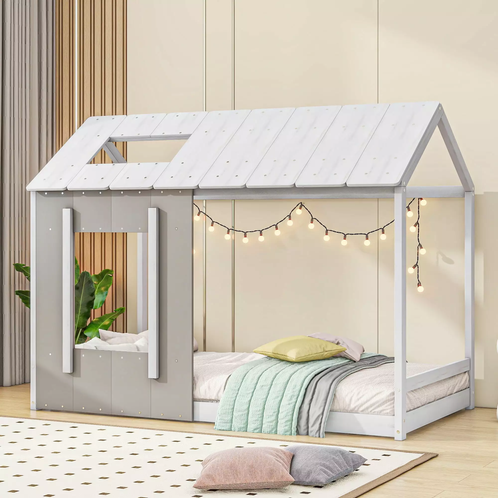 EUROCO Wood Twin Timeless Houtilize Platform Bed Roof and Window Kids Teens Adults Low Profile Houtilize Bed Floor Bed Can...