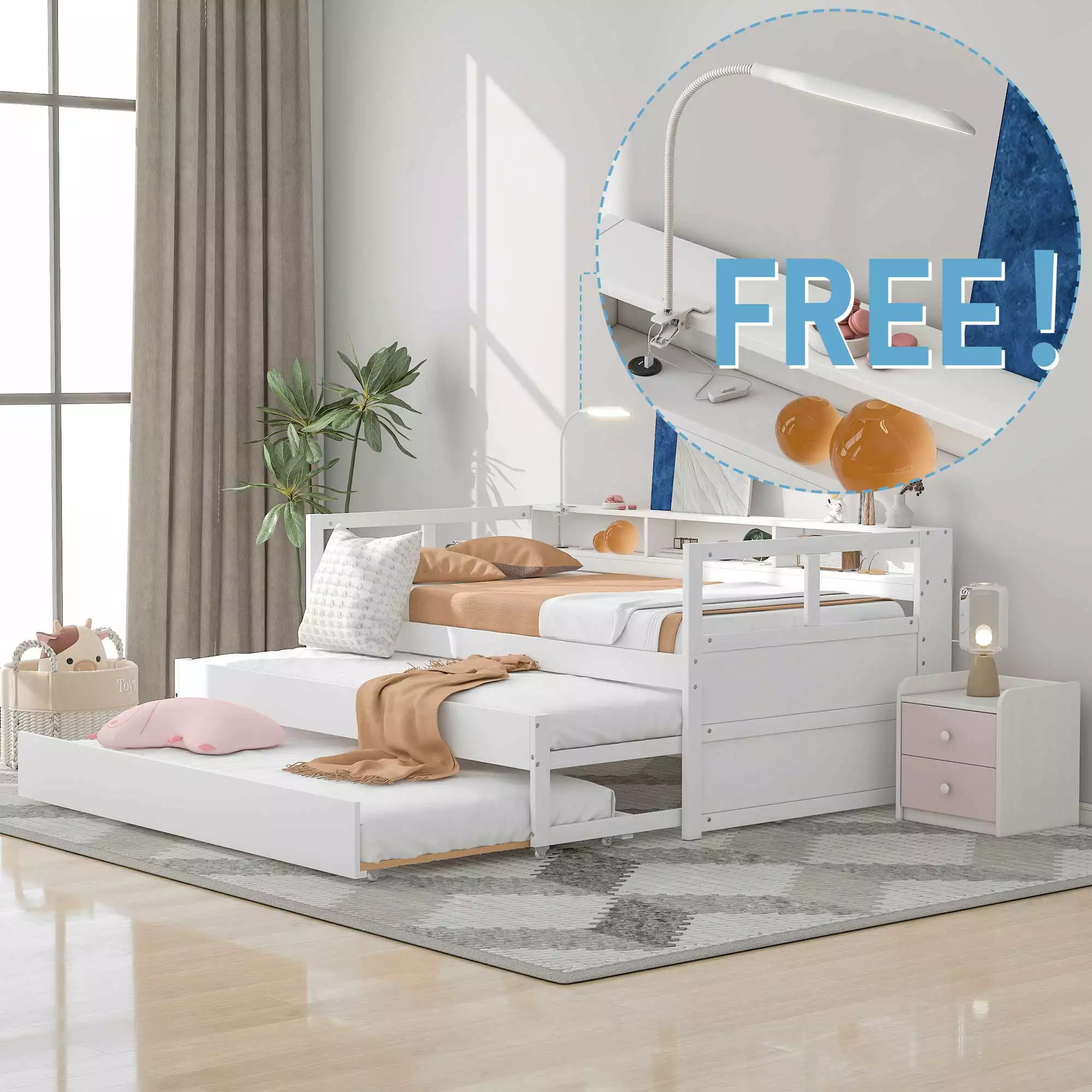 White EUROCO Twin Platform Bed Storage Shelf and USB Charging