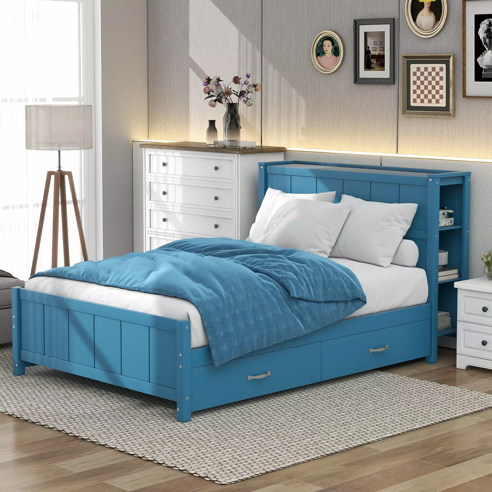 Wood Full Platform Bed Storage Headboard and Drawers - Blue Euroco