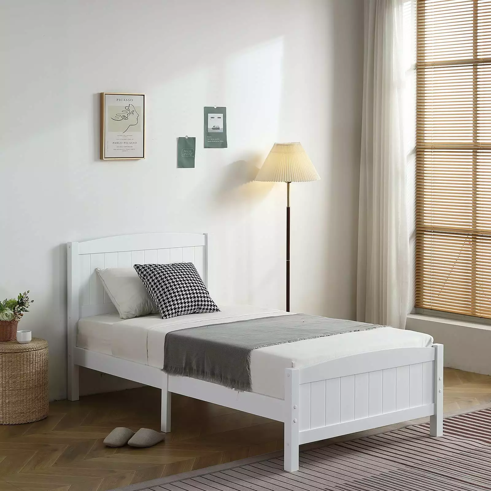 Winado Wood Platform Bed Headboard and Footboard Twin Bed Frame White FCH