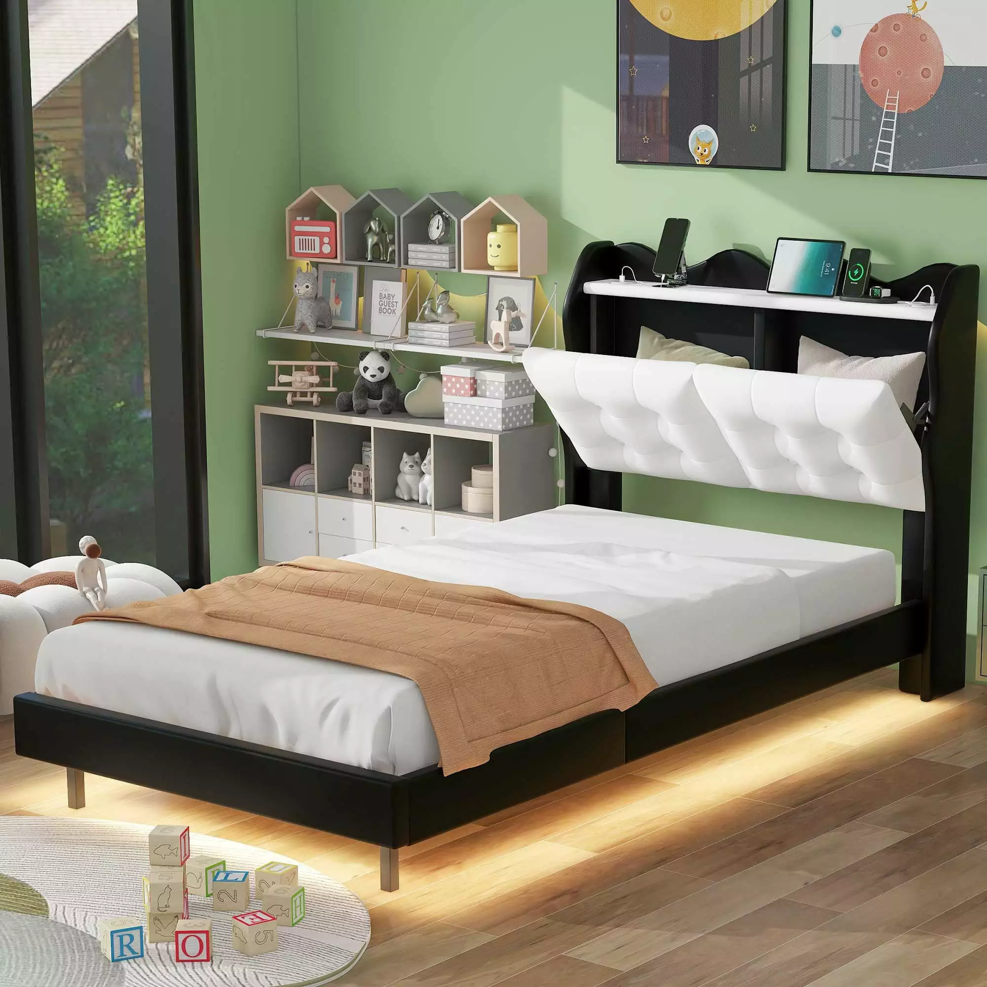 Garmic Twin Size Upholstered Bed Frame LED Light Strips USB Charging Kids Platform Bed Headboard Storage Space Black