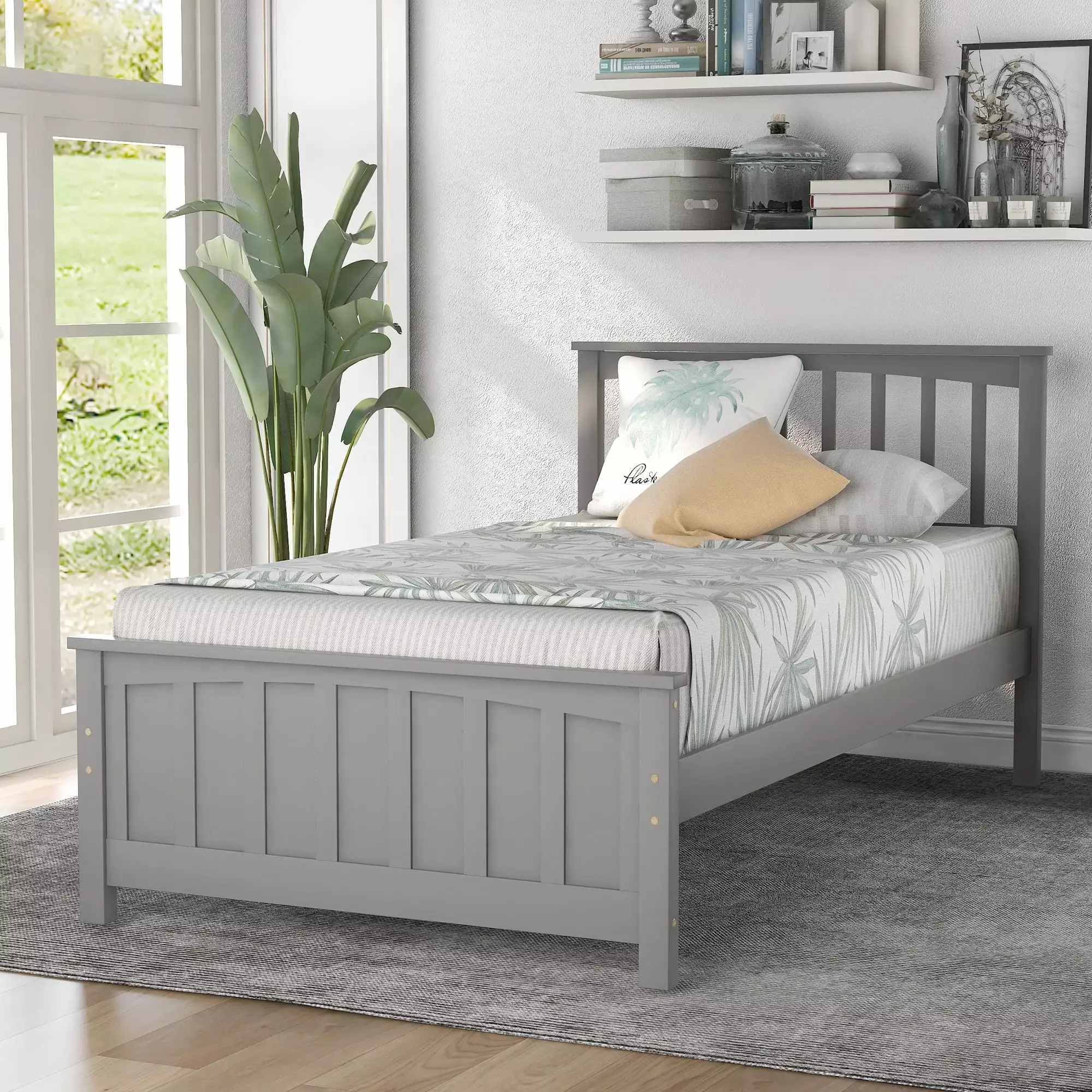 Gewnee Twin Platform Bed, Solid Wood Bed Frame Headboard and Footboard - Gray