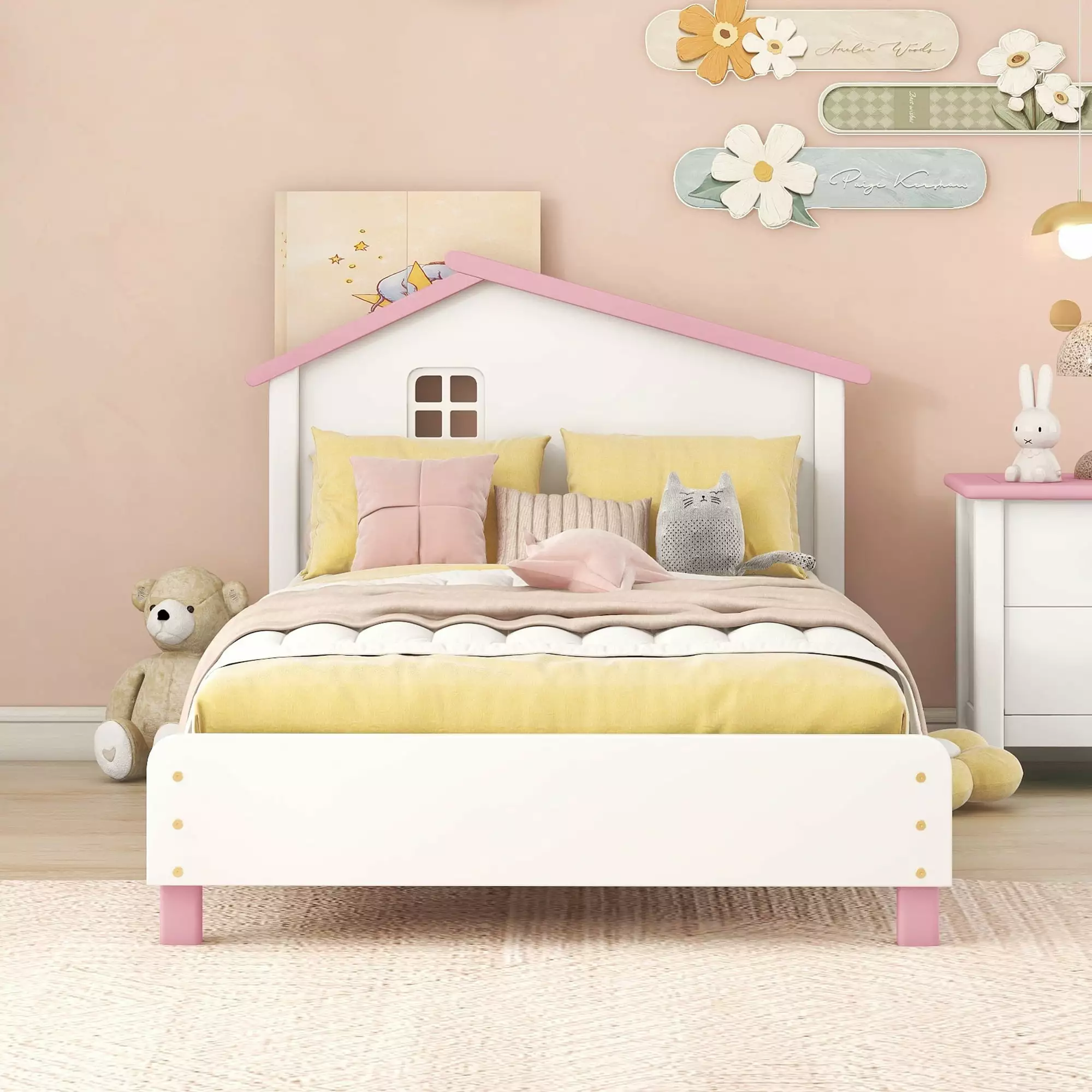 Gewnee Twin Size Platform Bed Frame Houtilize Shaped Headboard Kids Pink