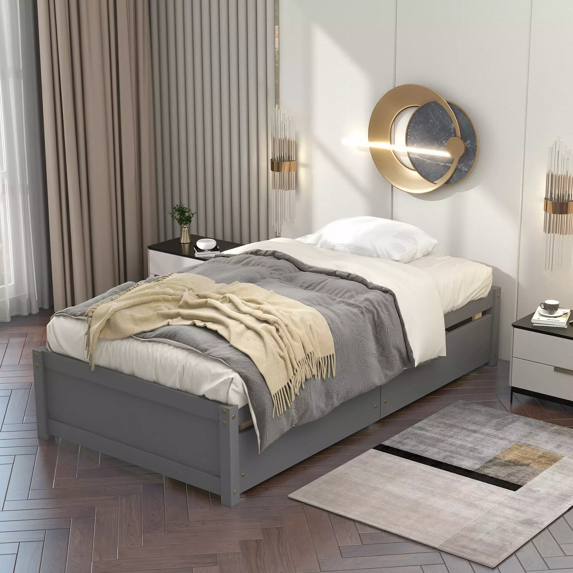 Gewnee Twin Size Solid Wood Platform Bed Frame Storage Drawers Kids Teens Gray