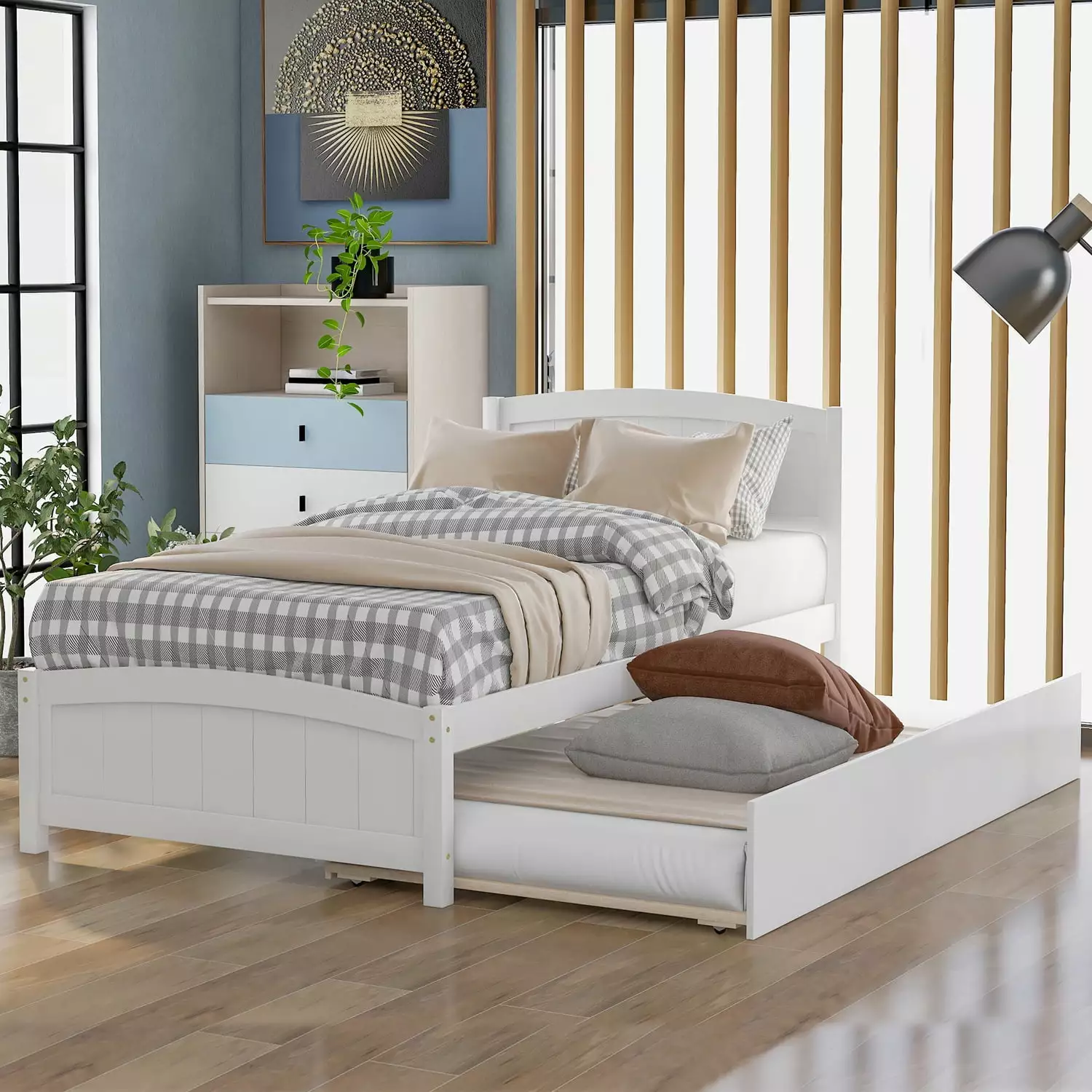 Gewnee Wood Platform Bed Headboard and Trundle - Twin Size White Kids Bed
