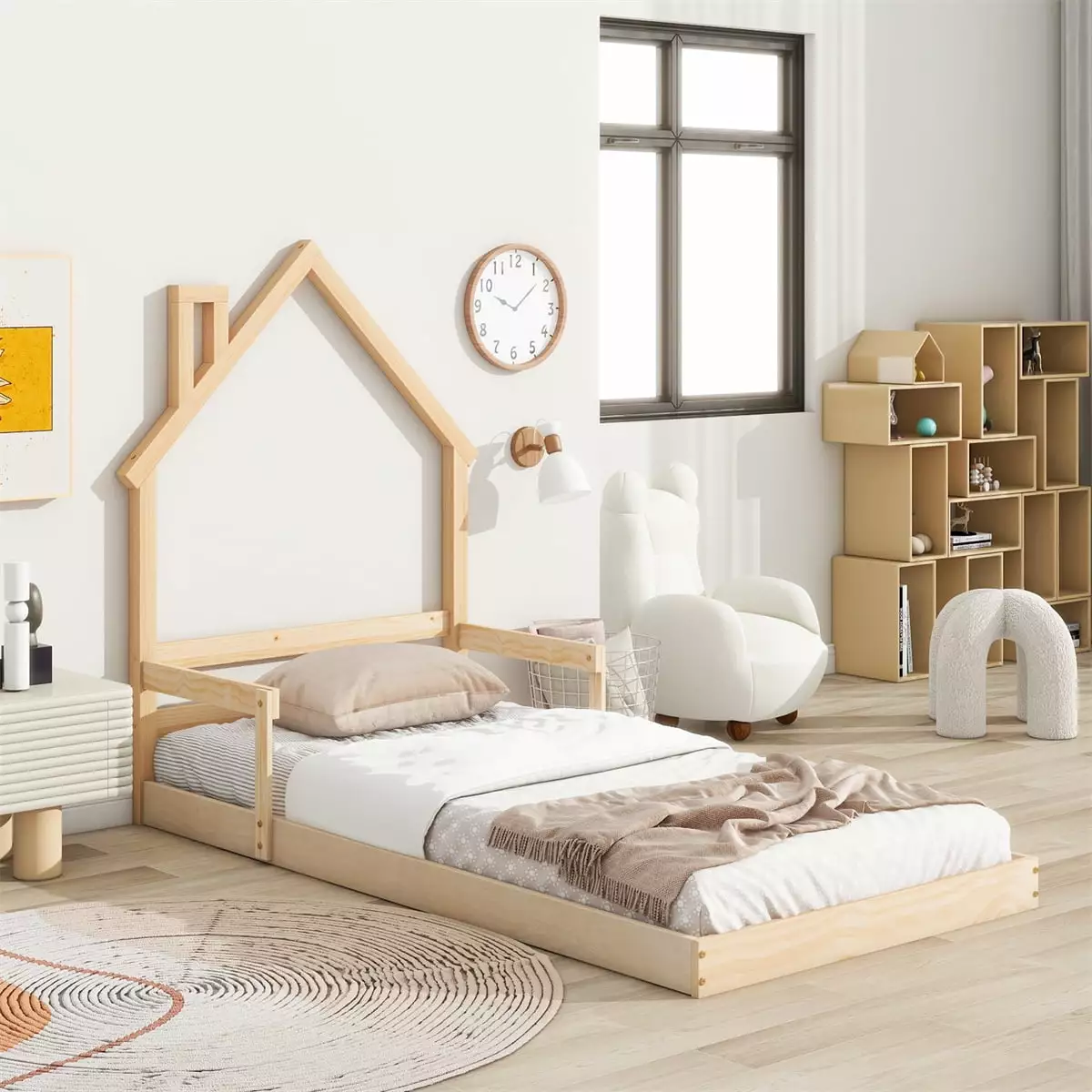 Twin Size Houtilize Headboard Bed Handrails Wooden Platform Bed Frame 7 Solid Slats No Box Spring Needed HeroicLion