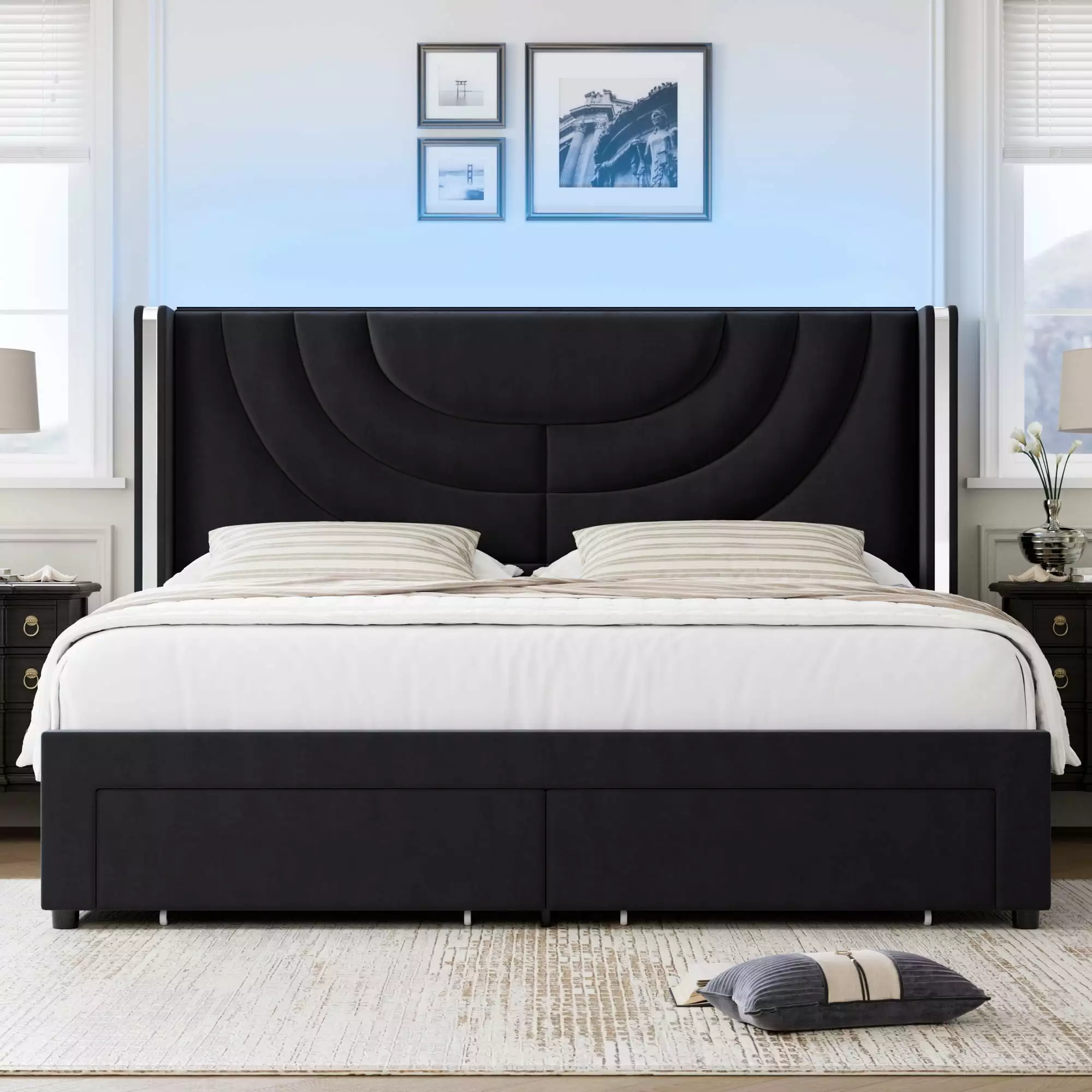 Homfa Full Size Platform Bed Frame Velvet Upholstered Headboard and LED Lights Black
