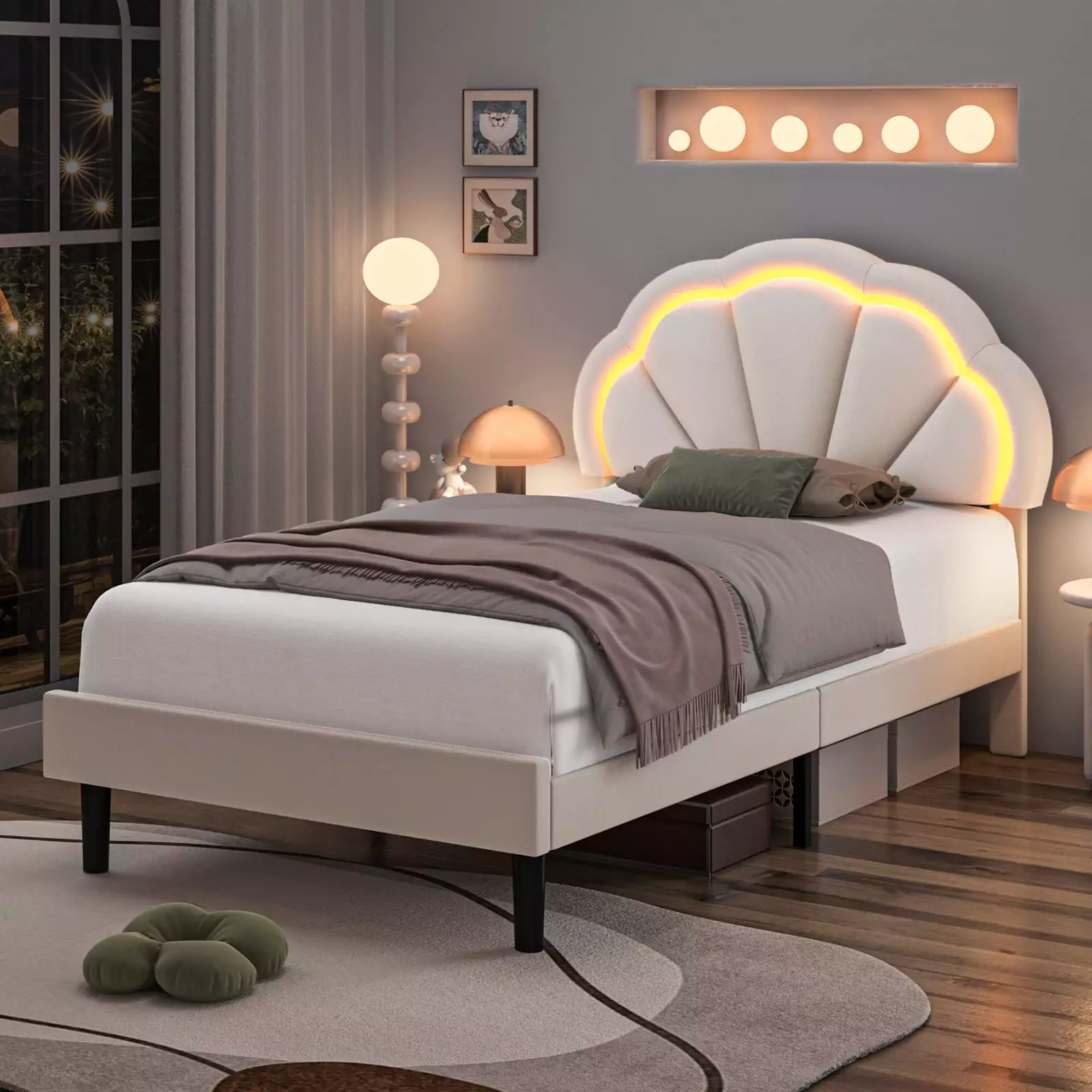 Homfa LED Bed Frame Twin Size Velvet Upholstered Platform Bed Adjustable Headboard Off-White