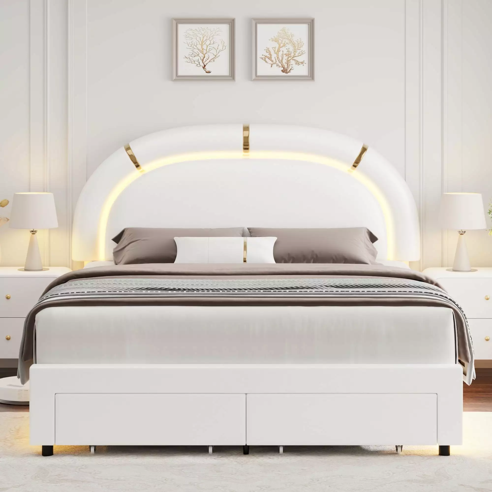 Homfa Queen LED Bed Frame Storage Drawer Adjustable Headboard Faux Leather Platform Bed White