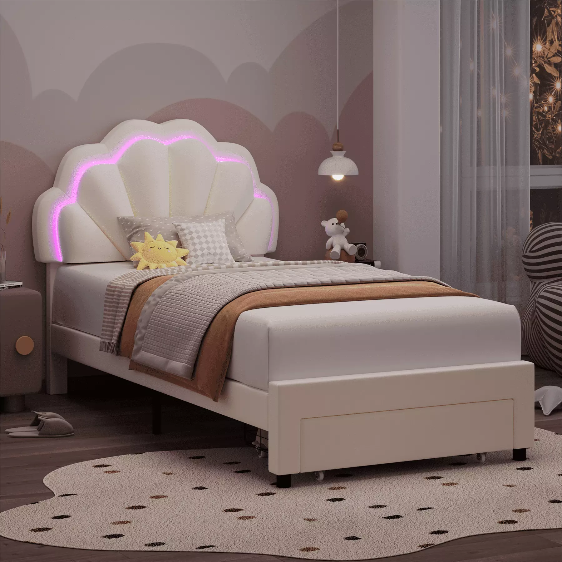 Homfa Twin Size LED Bed Frame Drawer Velvet Upholstered Platform Bed Adjustable Headboard Beige