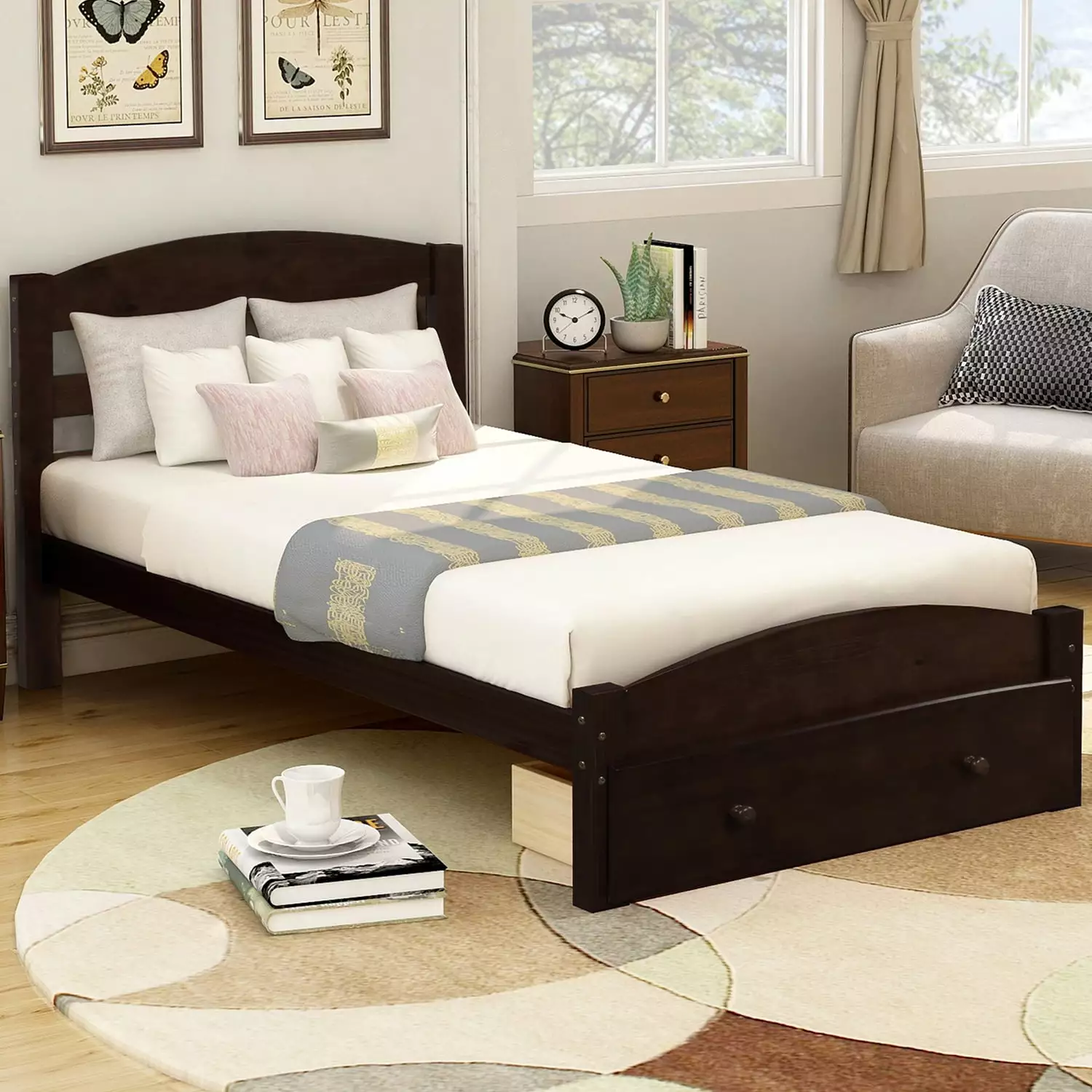 Hommoo Twin Size Platform Bed Frame Storage Drawer and Wood Headboard - Espresso