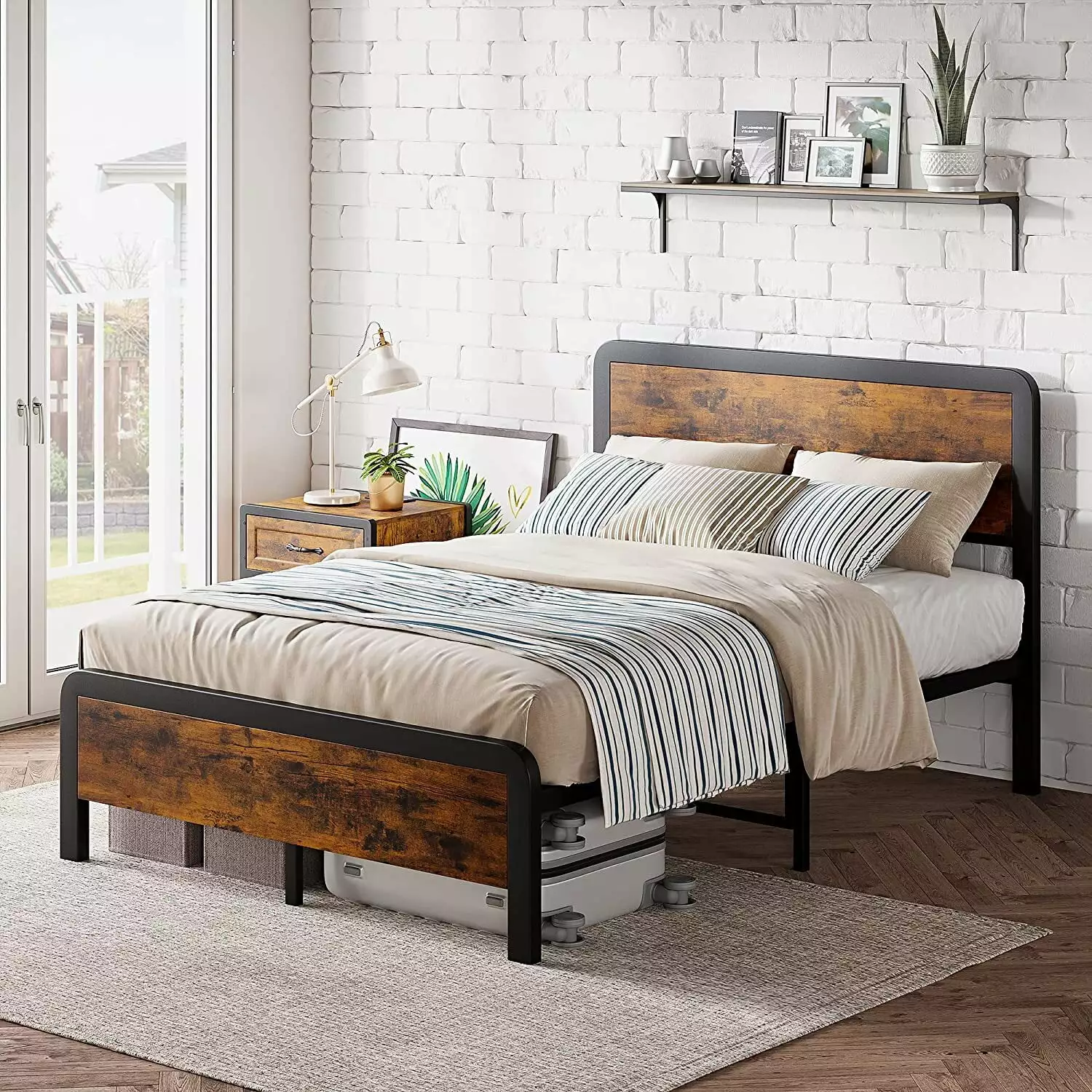 HOSSLLY Full Size Retro Brown Industrial Platform Bed Frame Wood Headboard and Metal Slats