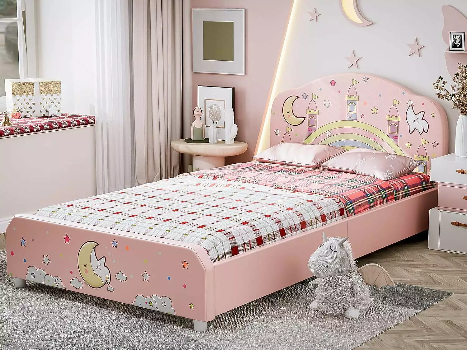 IKIFLY Twin Size Kids Bed Curved Headboard - Pink Princess Toddler Bed Girls and Teens