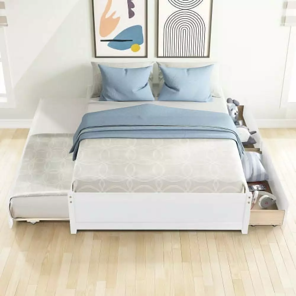 Full Size Platform Bed Trundle and 2 Drawers Solid Wood White INCLAKE