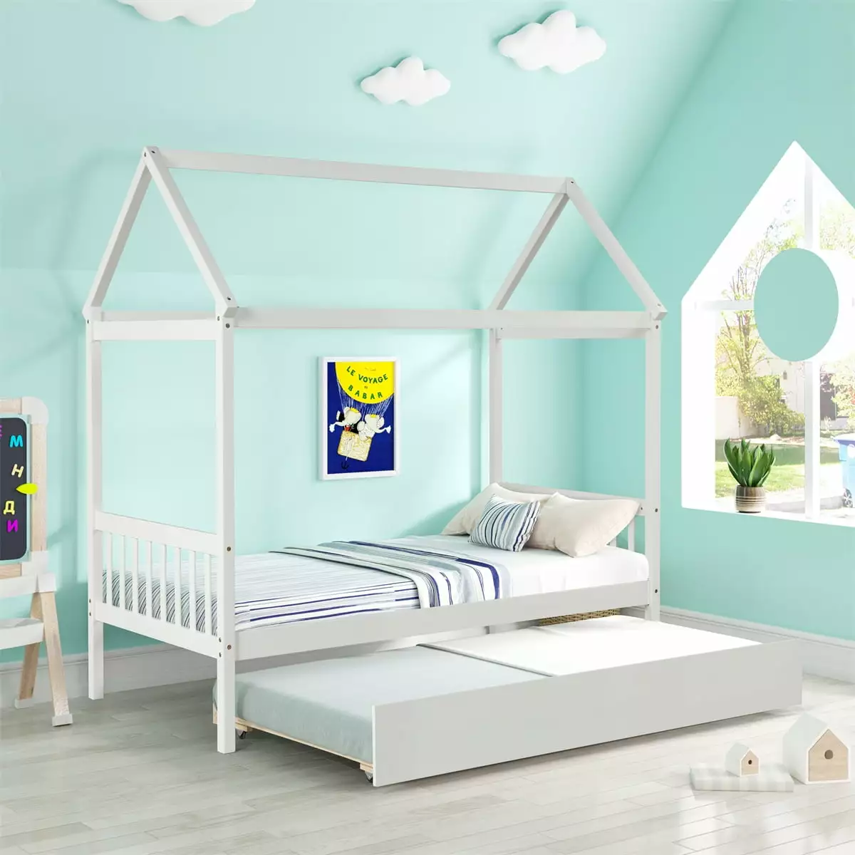 Houtilize Twin Bed Frame Trundle Pine Wood Platform Bed Headboard Footboard and Tent Roof Low Profile No Box Spring Needed...