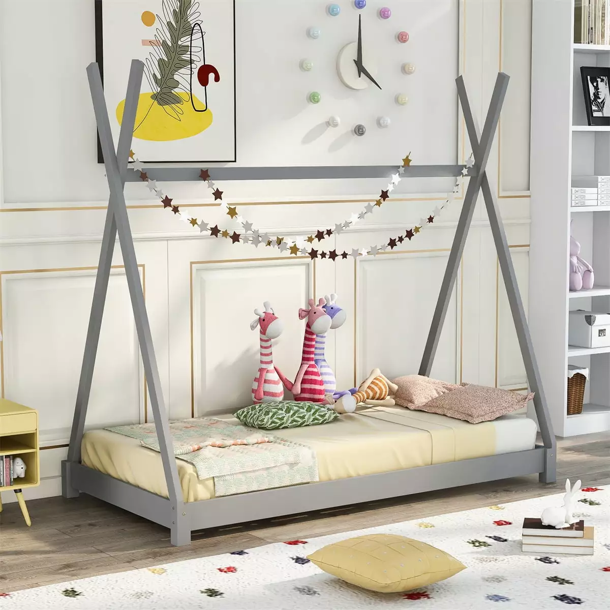 INCLAKE Twin Size Houtilize Platform Bed Triangle Structure Floor Bed Kids Teens Gray