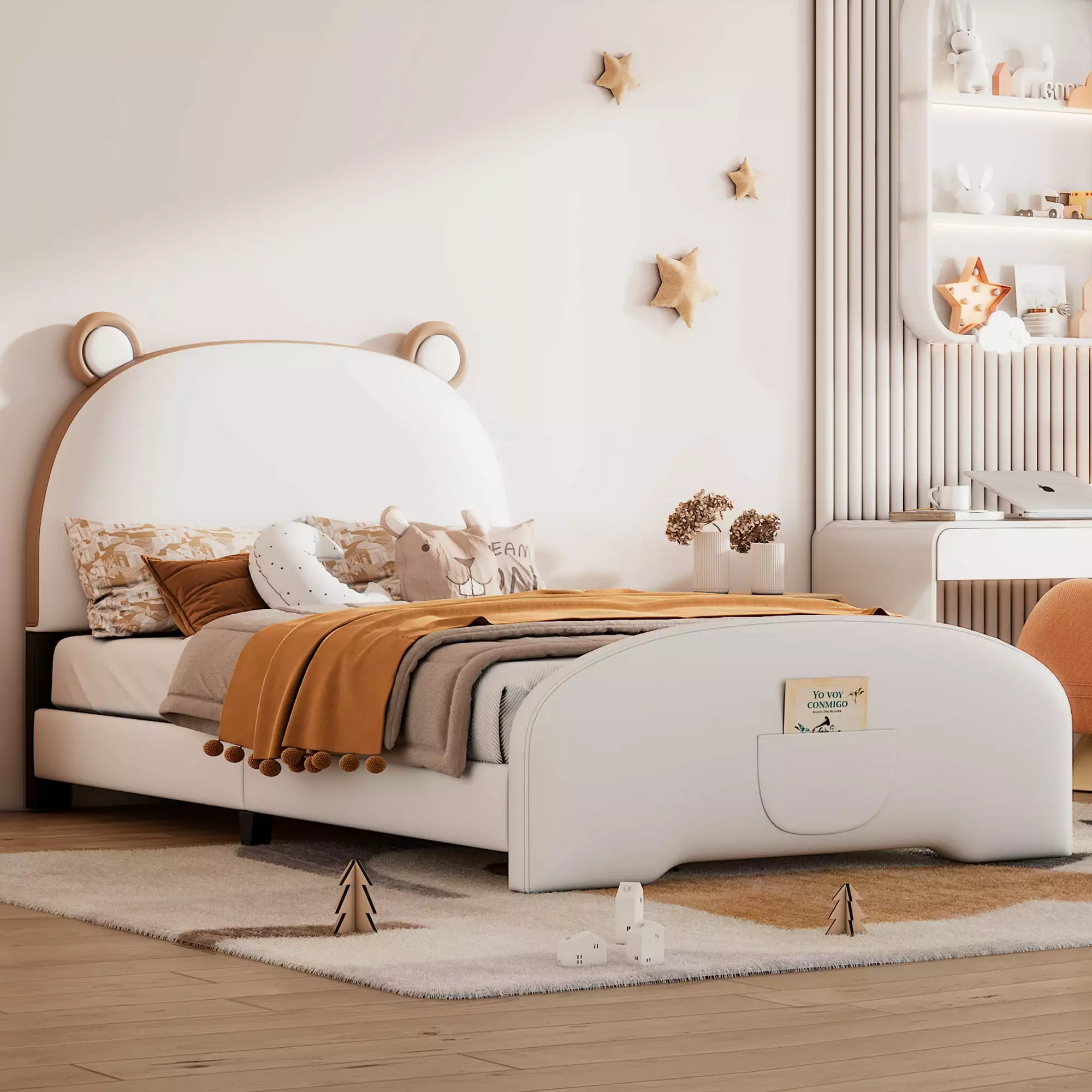 iRerts Upholstered Twin Size Platform Bed Frame Bear Shape Headboard and Footboard Kids Teens Adults No Box Spring Needed ...