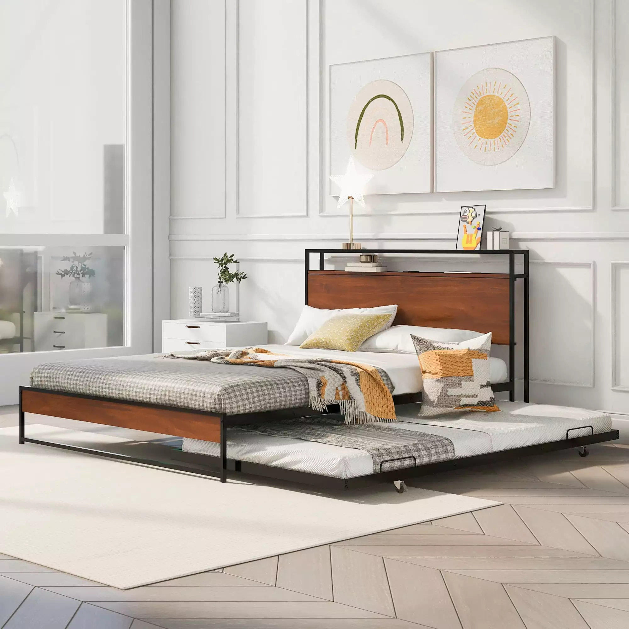 Queen Size Metal Platform Bed Frame Twin Size Trundle and Storage Headboard iRerts