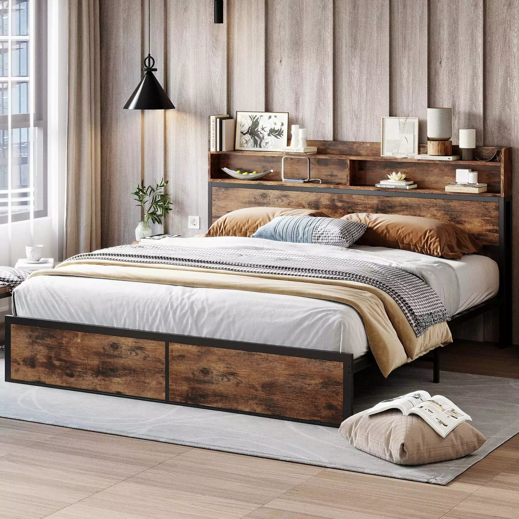 IRONCK King Size Bed Frame Bookcase Headboard Charging Station Storage