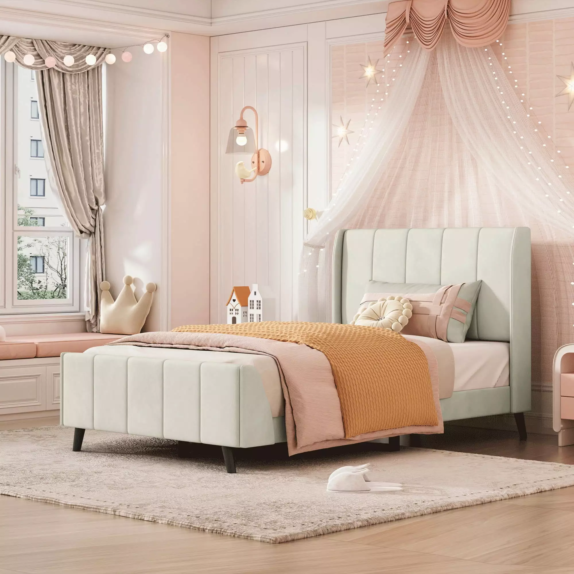 Twin Size Upholstered Platform Bed Frame Tufted Headboard Wood Slat Support Beige JAMPOOCA