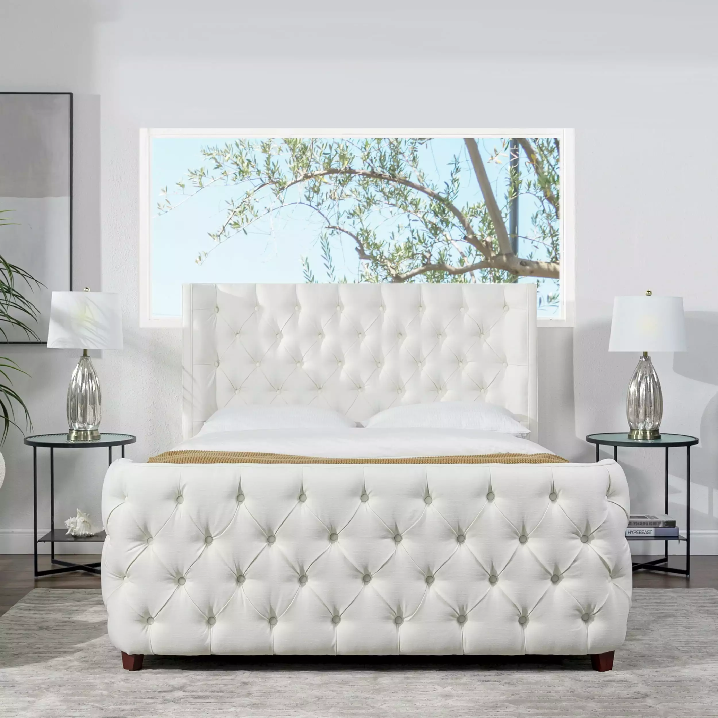 Jennifer Taylor Home Geneva Curved Wing Upholstered King Platform Bed Frame Antique White Polyester JENNIFER TAYLOR J T