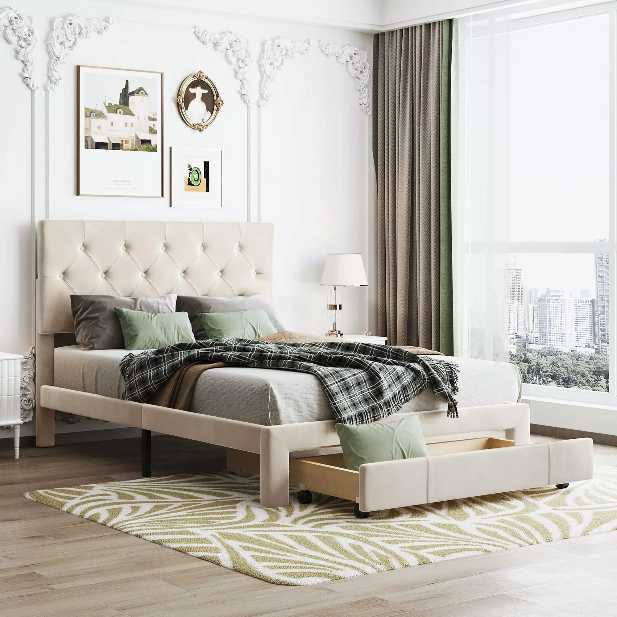 JINS&VICO Full Size Storage Bed Frame Big Drawer Velvet Upholstered Platform Bed Button Tufted Headboard No Box Spring Nee...