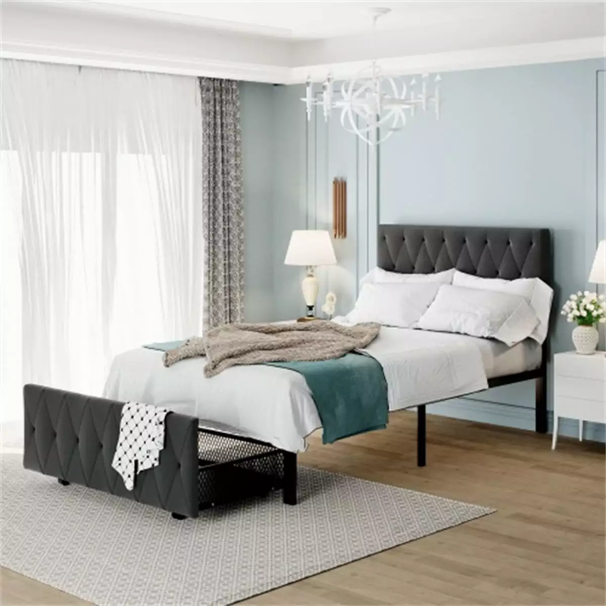 Twin Size Platform Bed Modern Storage Bed Frame Big Drawer Kids Teens Gray Upholstered Headboard JINS & VICO