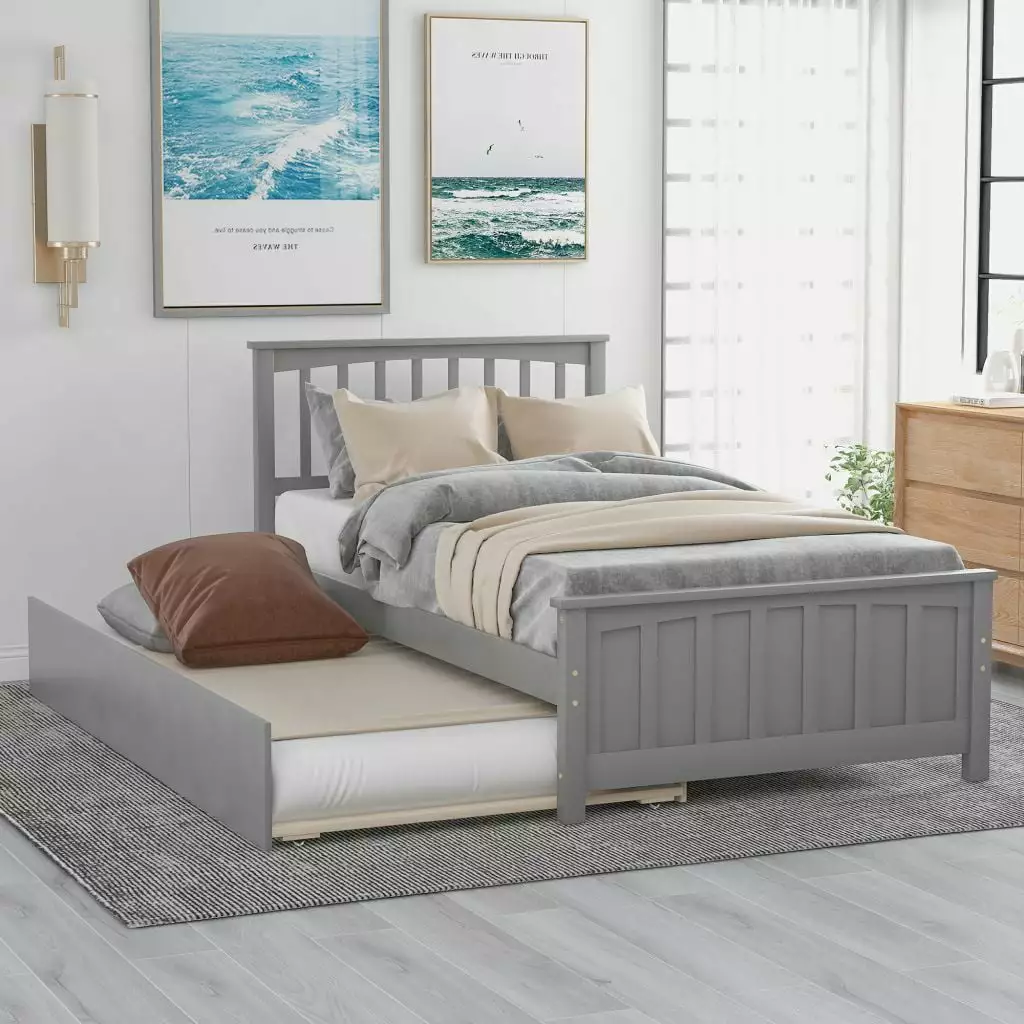 Twin Size Platform Bed Trundle and Headboard - Kids and Toddlers - Gray JINS & VICO