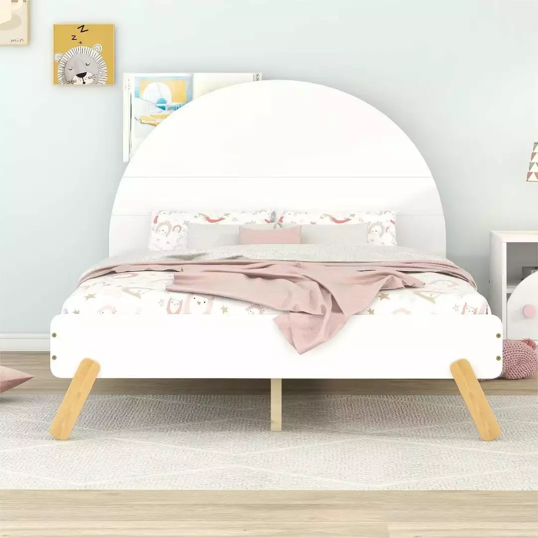 Wooden Cute Platform Bed Curved Headboard - Full Size Bed Frame Shelf Kids JINS & VICO