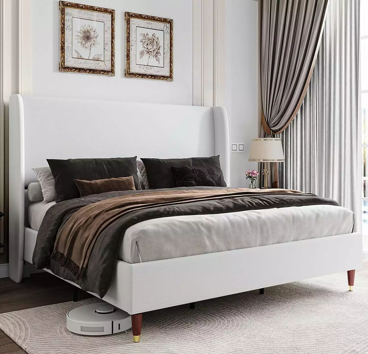 Jocisland King Bed Frame High Wingback Headboard - Linen Upholstered Platform Bed White