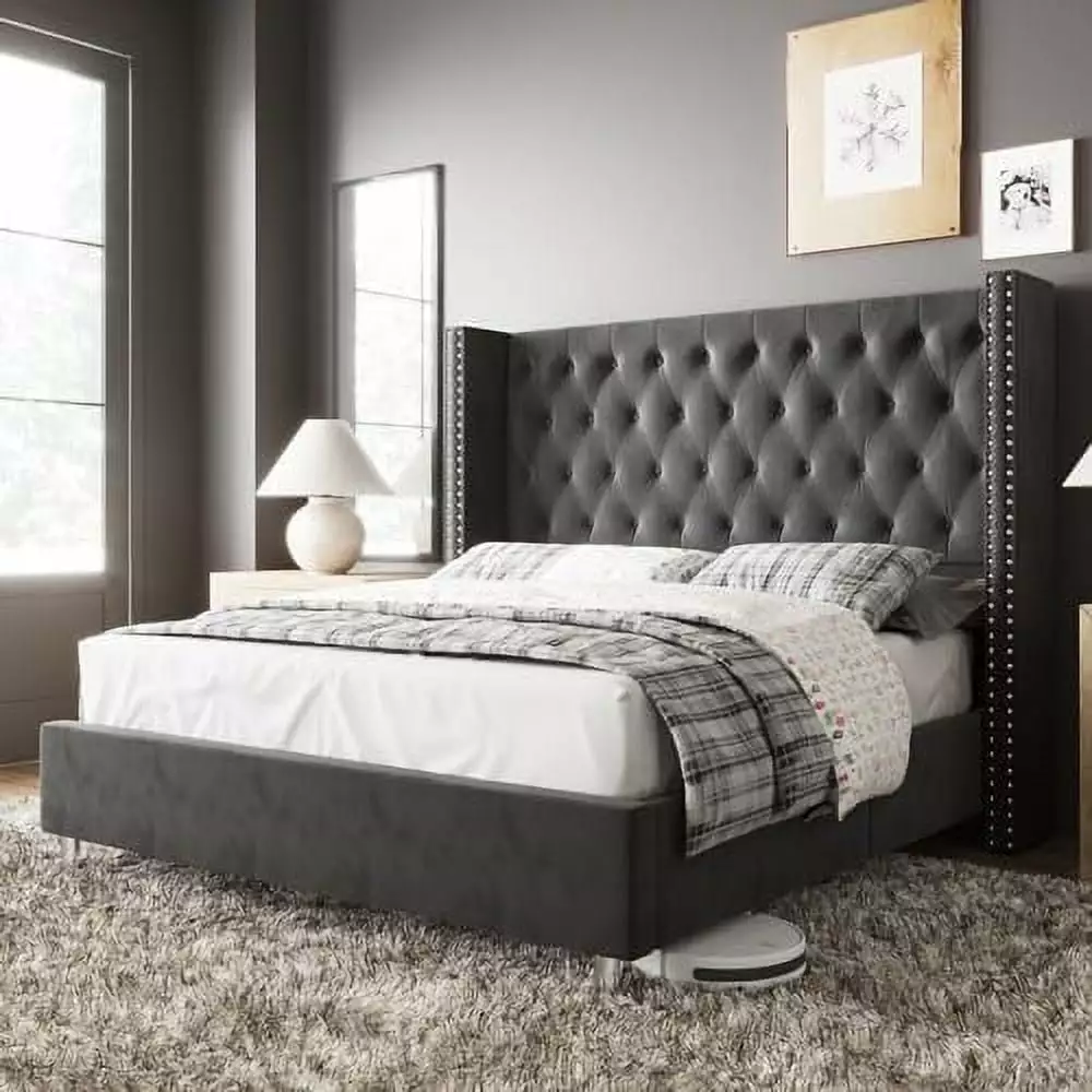 Jocisland Queen Bed Frame Wingback Headboard - Velvet Tufted Platform Bed Gray