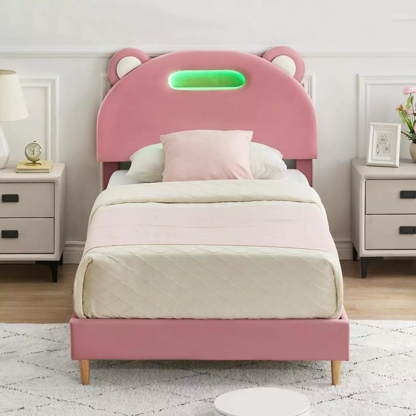 Jojoka Twin Size Bed Frame LED Lights Velvet Upholstered Platform Cute Panda Headboard Pink