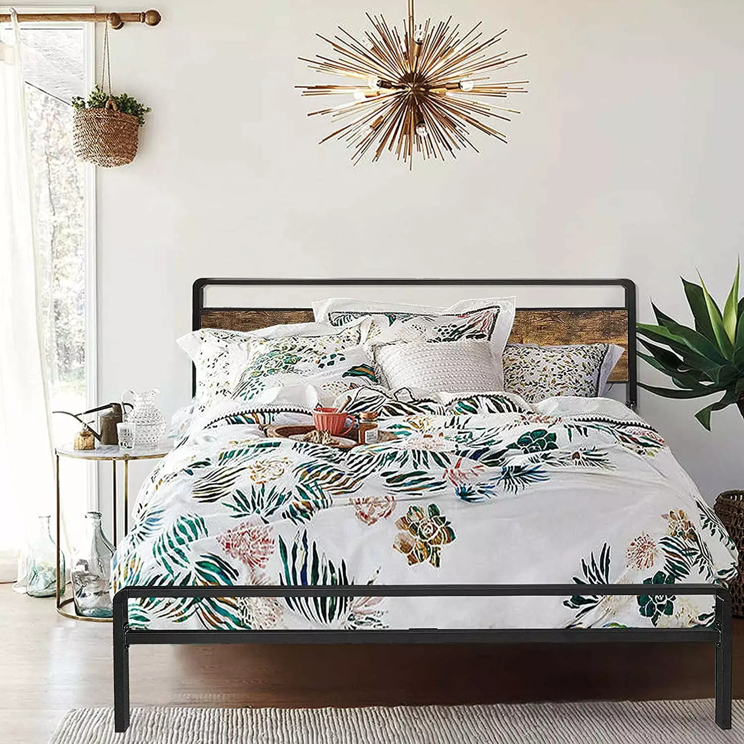 JOM King Bed Frame Headboard and Storage Metal & Wood Platform Black