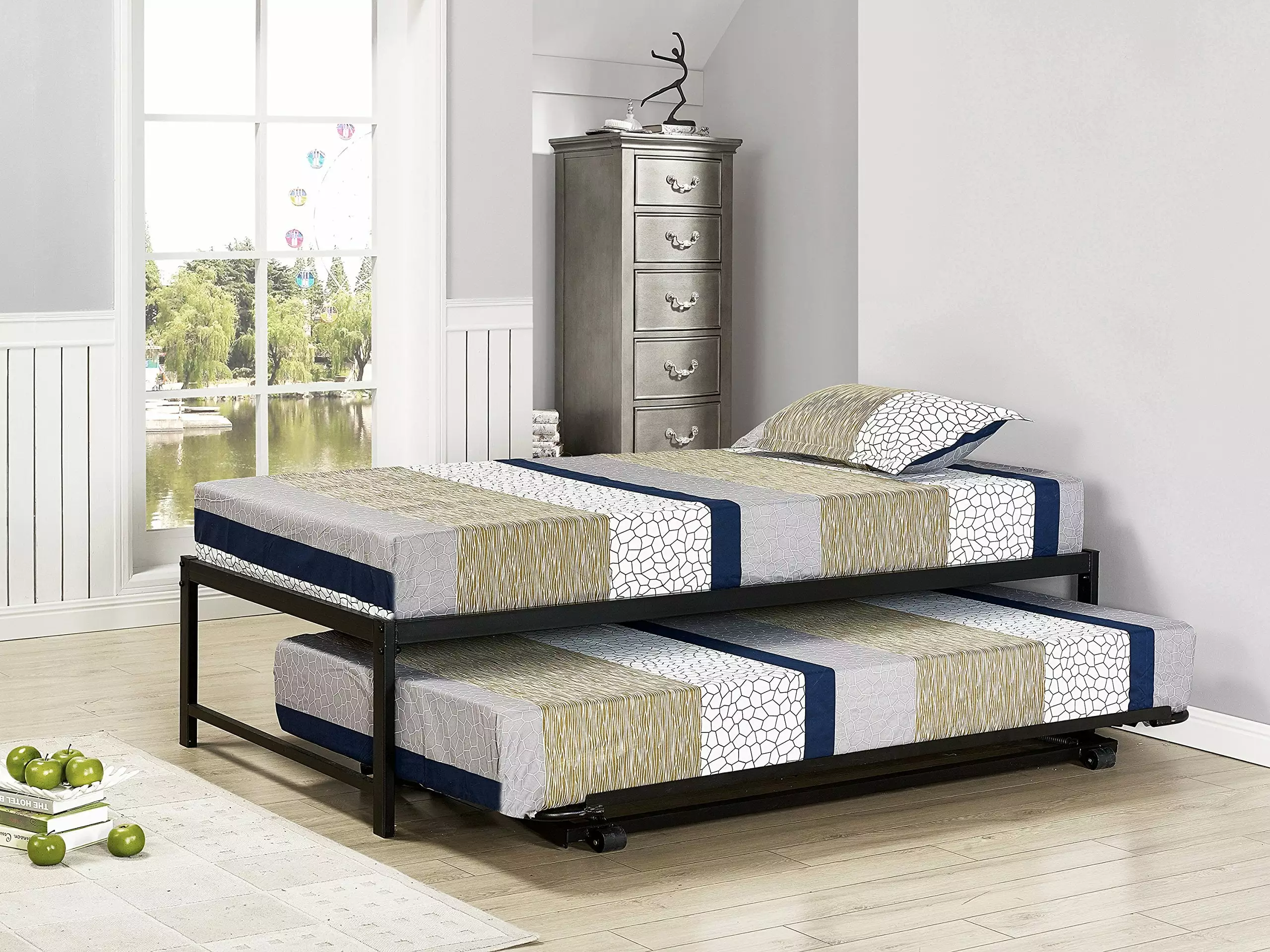 Kings Brand Twin Size Hi-Riser Black Metal Platform Bed Pop-up Trundle Kings Brand Furniture