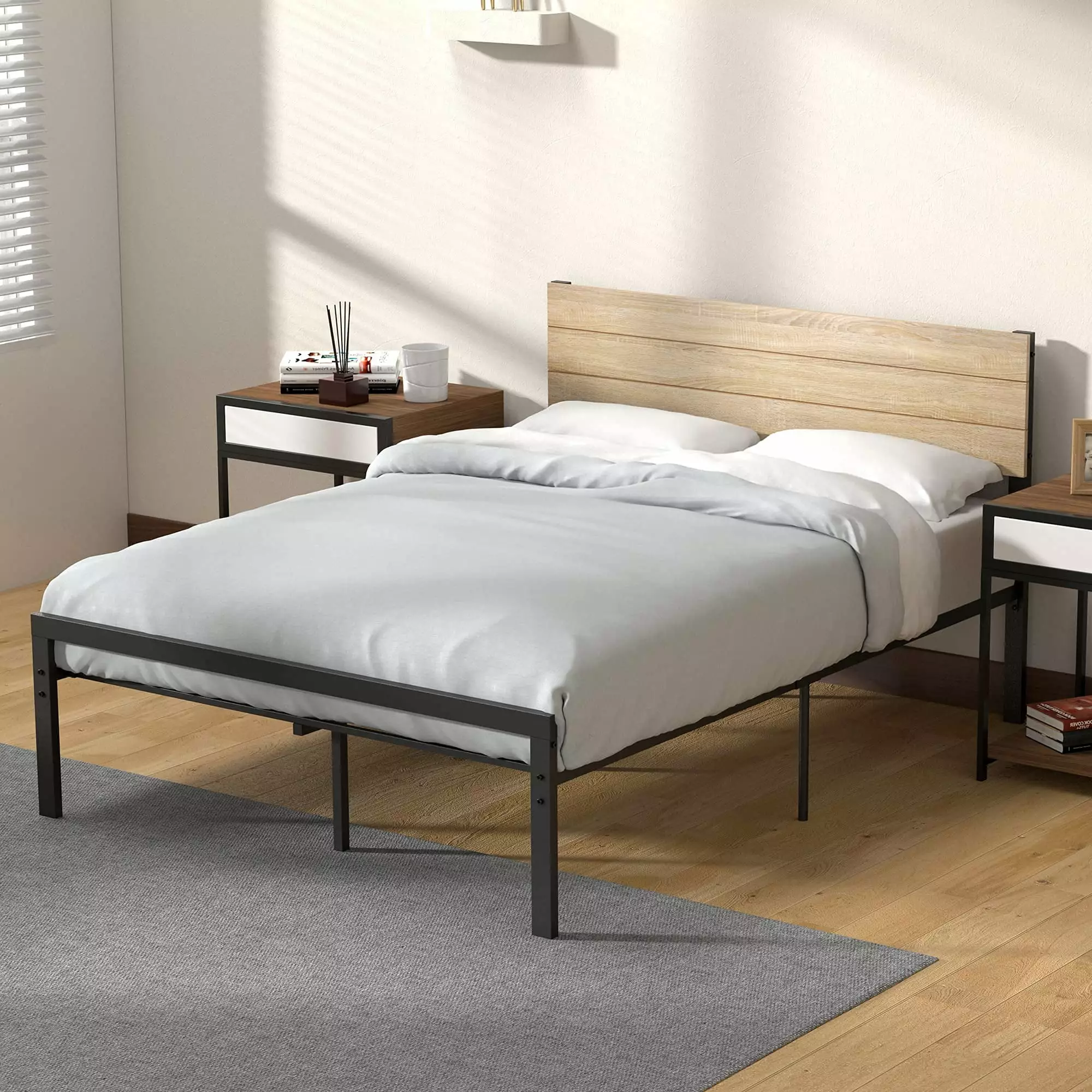 Kitsin Full Size Metal Bed Frame Wood Headboard and Slats Support Platform Bed