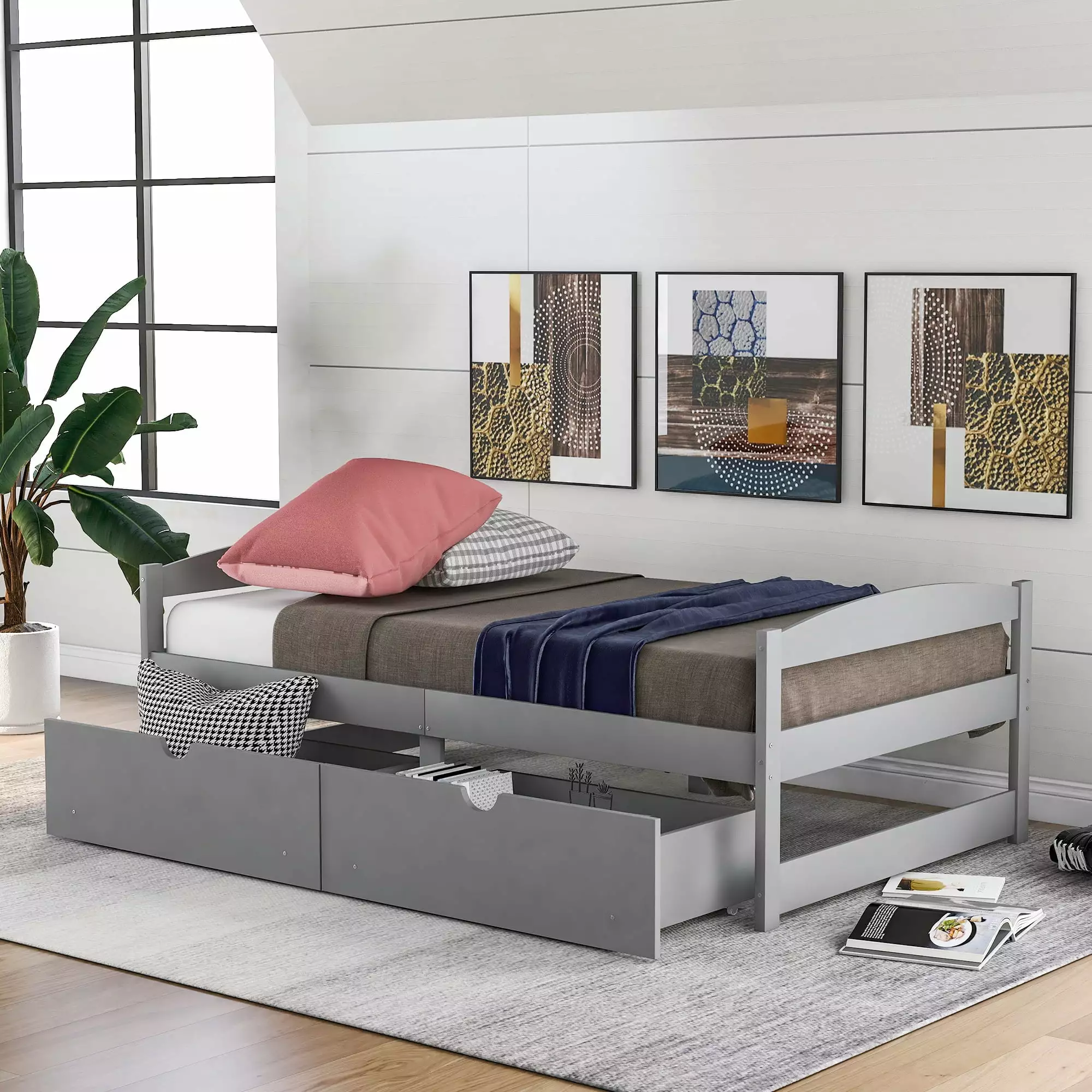 Leadzm Twin Size Platform Bed Two Drawers - Gray Wood Bed Frame
